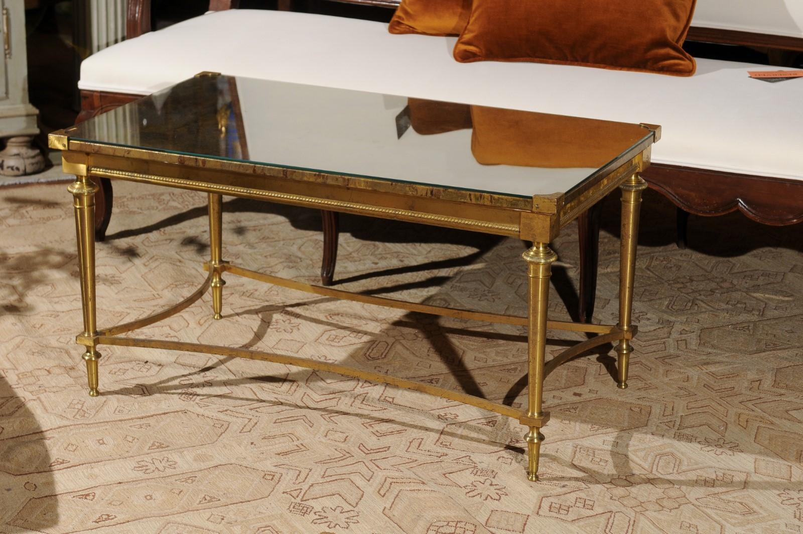 French Vintage Maison Baguès Brass Coffee Table with Marbleized Top under Glass 1