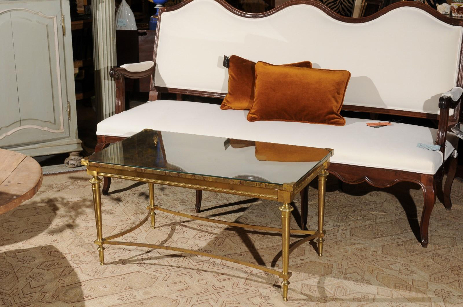 French Vintage Maison Baguès Brass Coffee Table with Marbleized Top under Glass 2