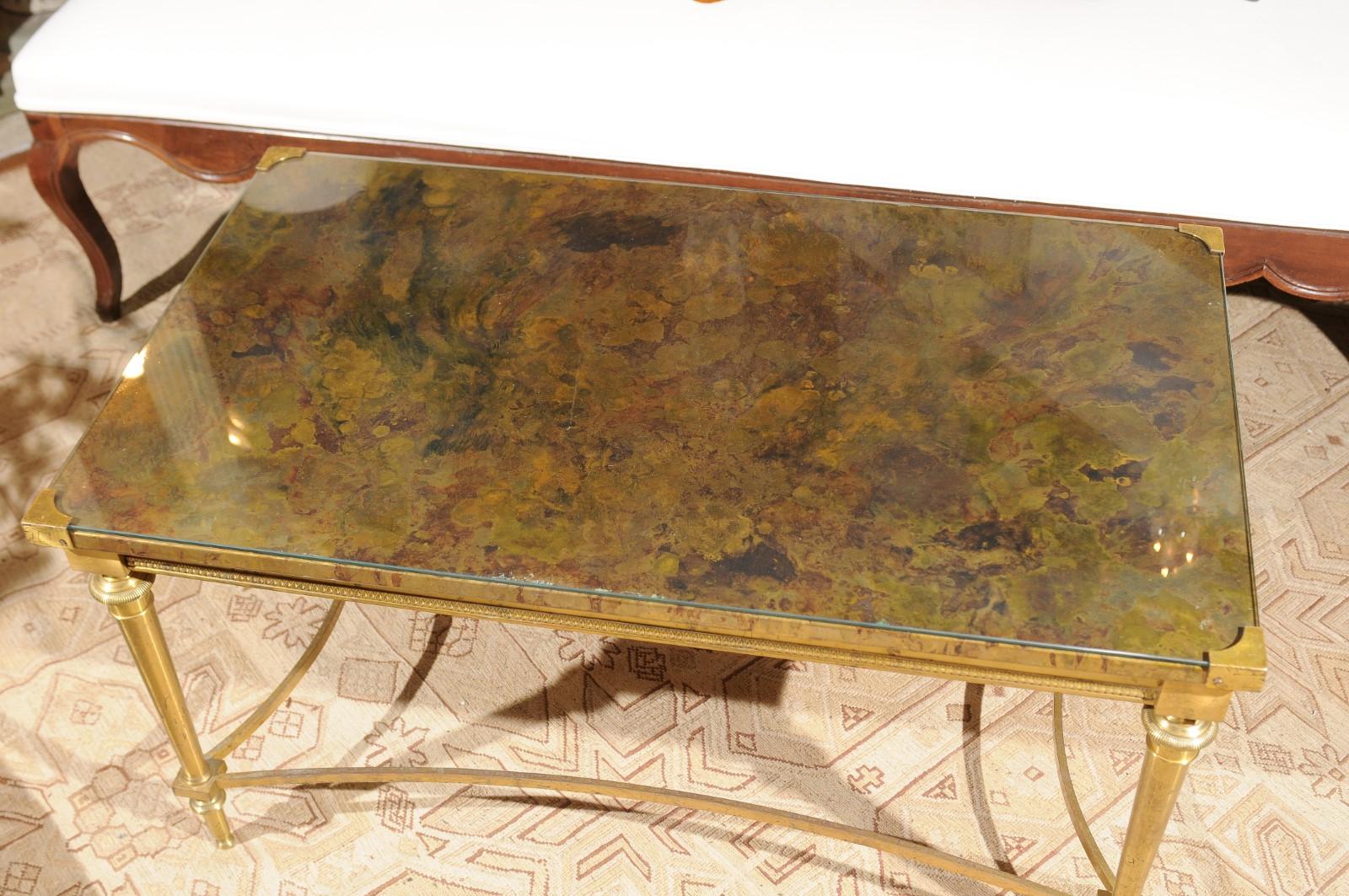 French Vintage Maison Baguès Brass Coffee Table with Marbleized Top under Glass 3