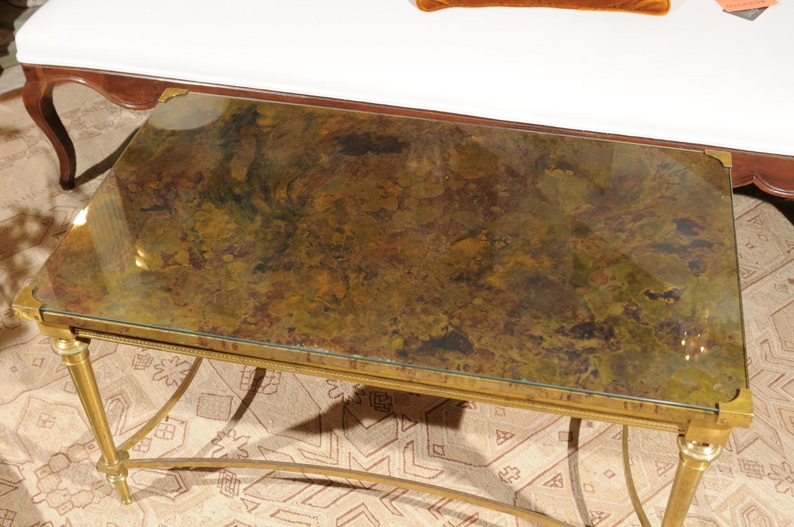 French Vintage Maison Baguès Brass Coffee Table with Marbleized Top under Glass 4