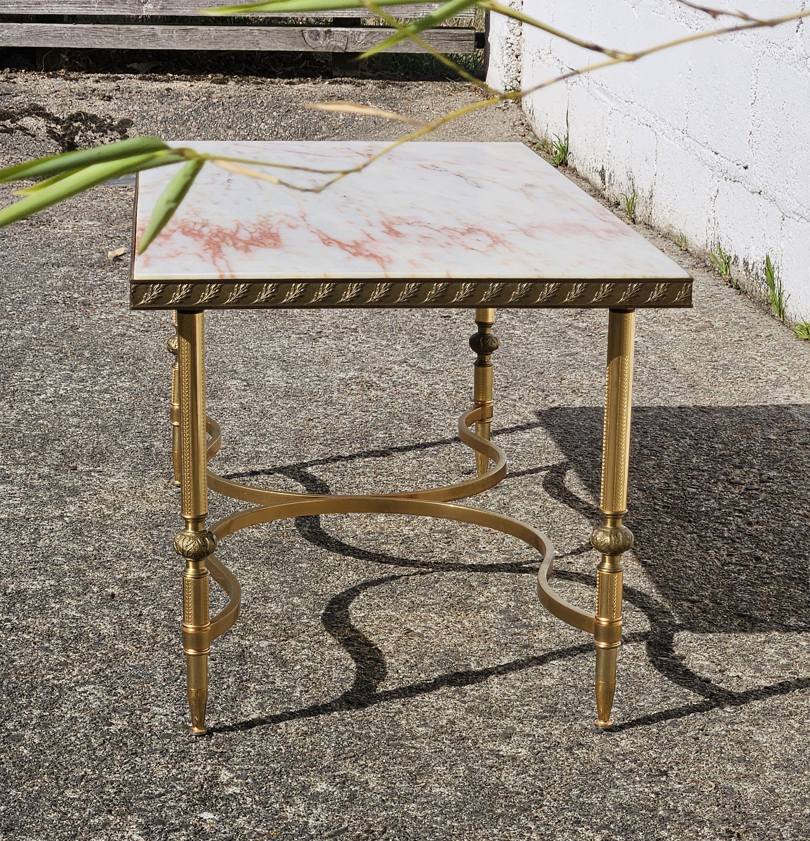 French vintage Marble and Brass Coffee Table-Lounge Table-Hollywood Regency 70s For Sale 4