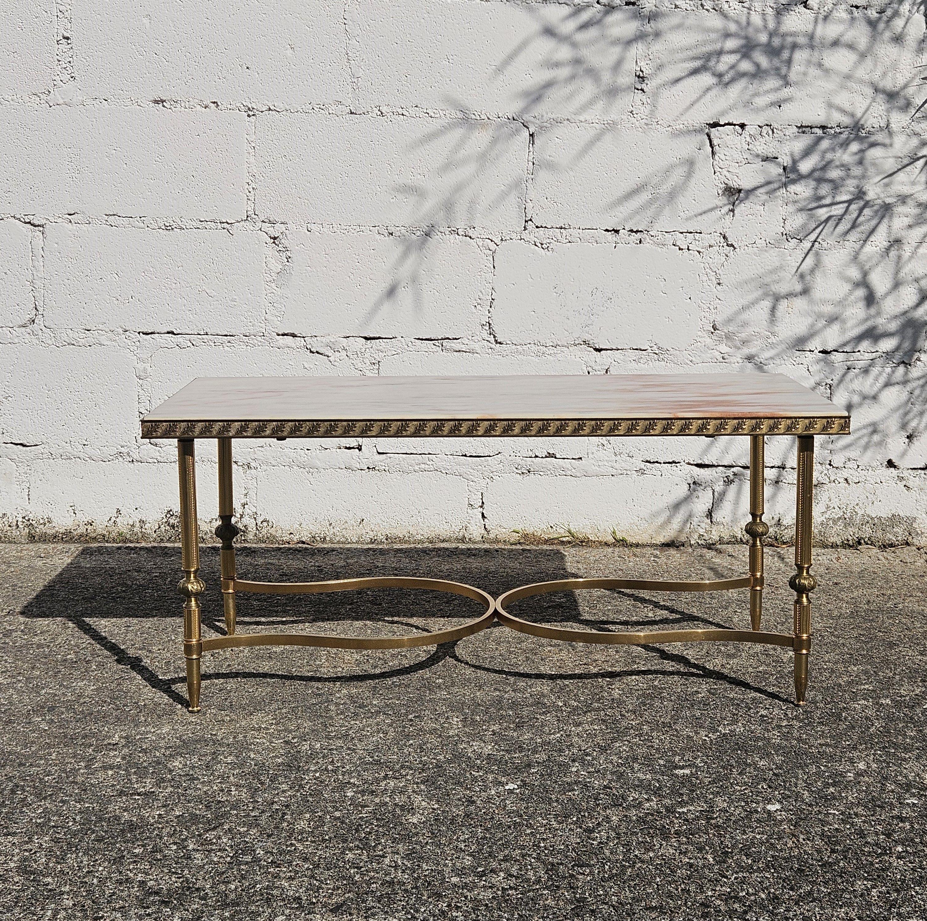 Metalwork French vintage Marble and Brass Coffee Table-Lounge Table-Hollywood Regency 70s For Sale