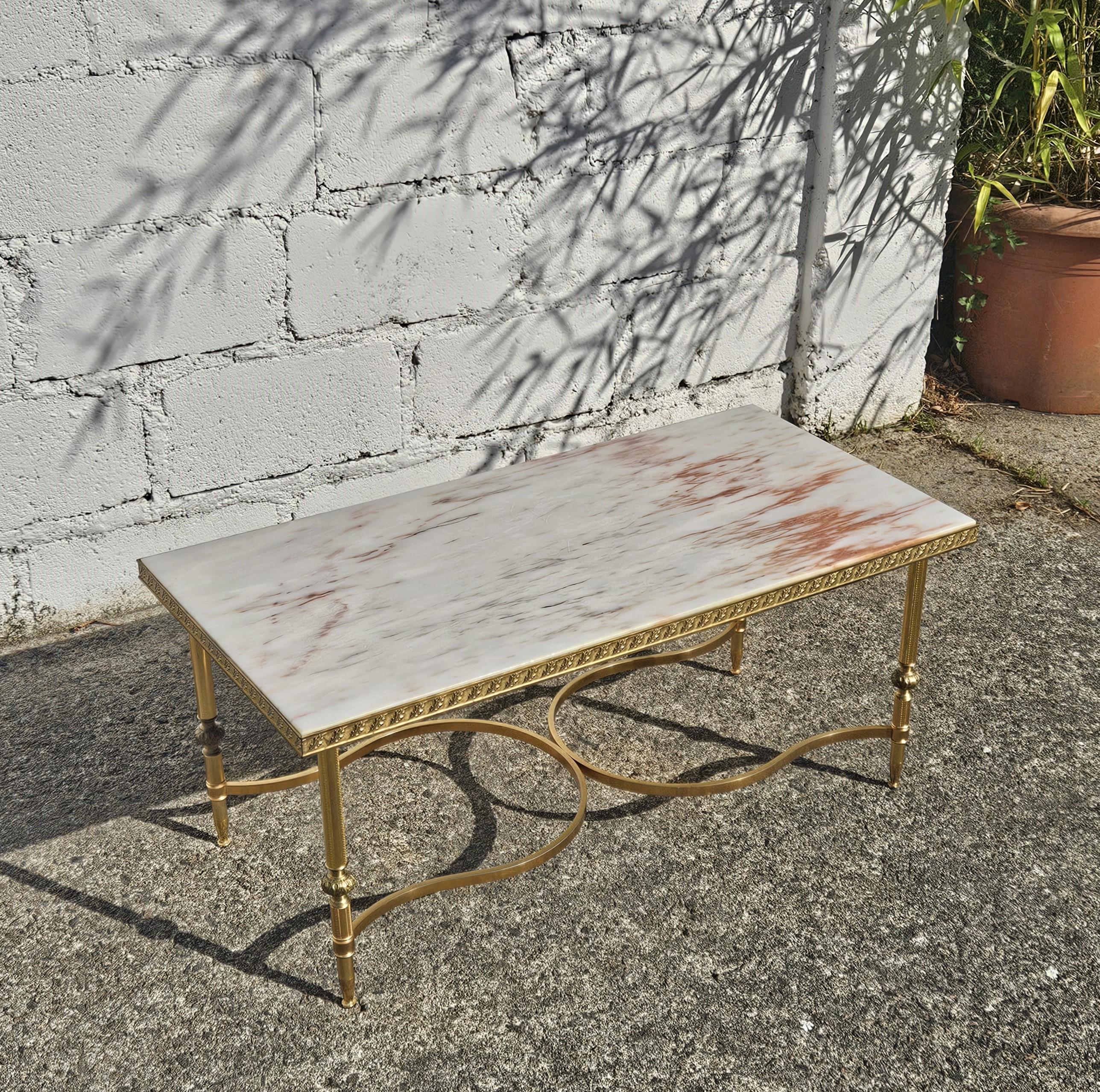 Late 20th Century French vintage Marble and Brass Coffee Table-Lounge Table-Hollywood Regency 70s For Sale