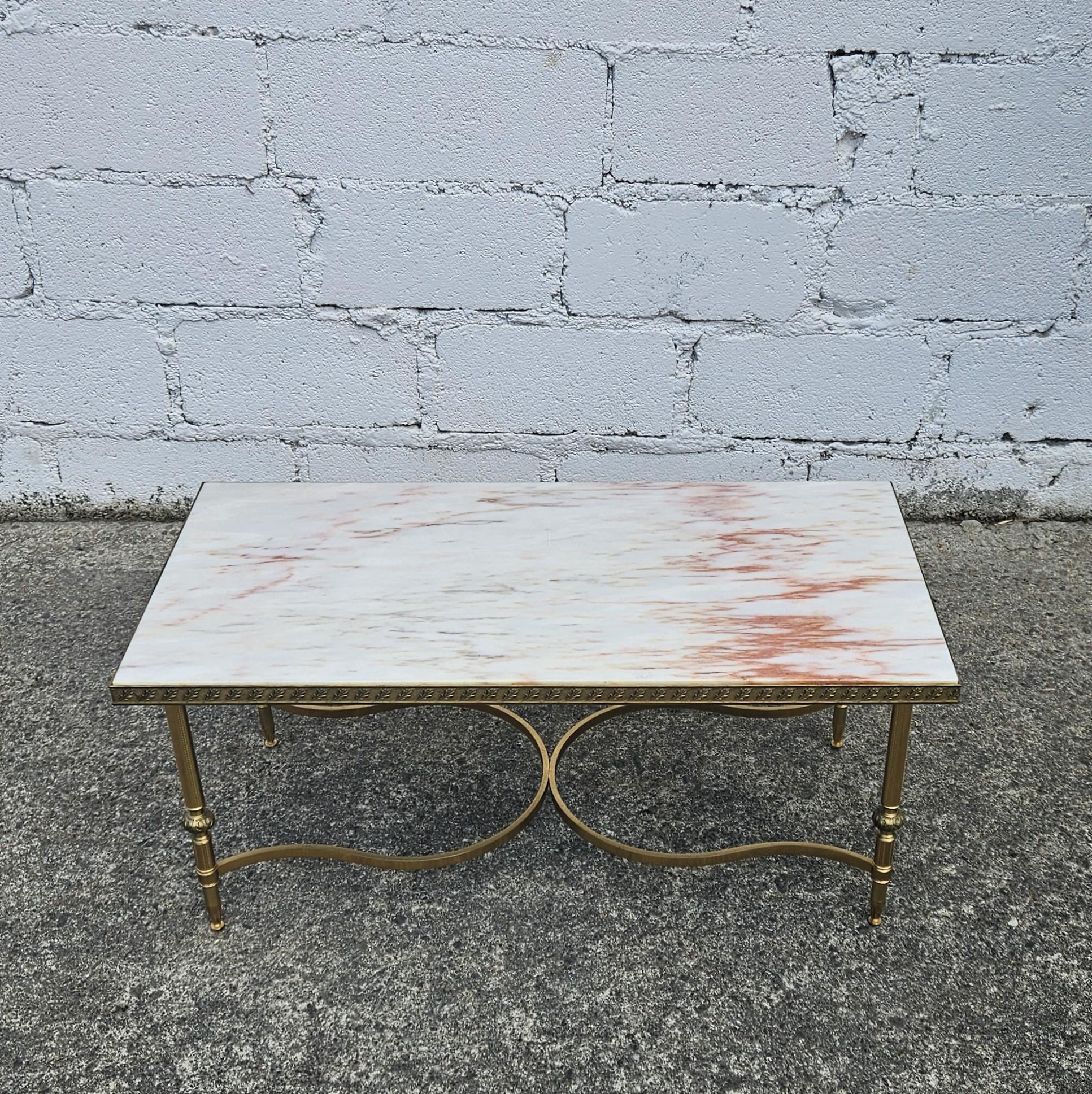 Metal French vintage Marble and Brass Coffee Table-Lounge Table-Hollywood Regency 70s For Sale