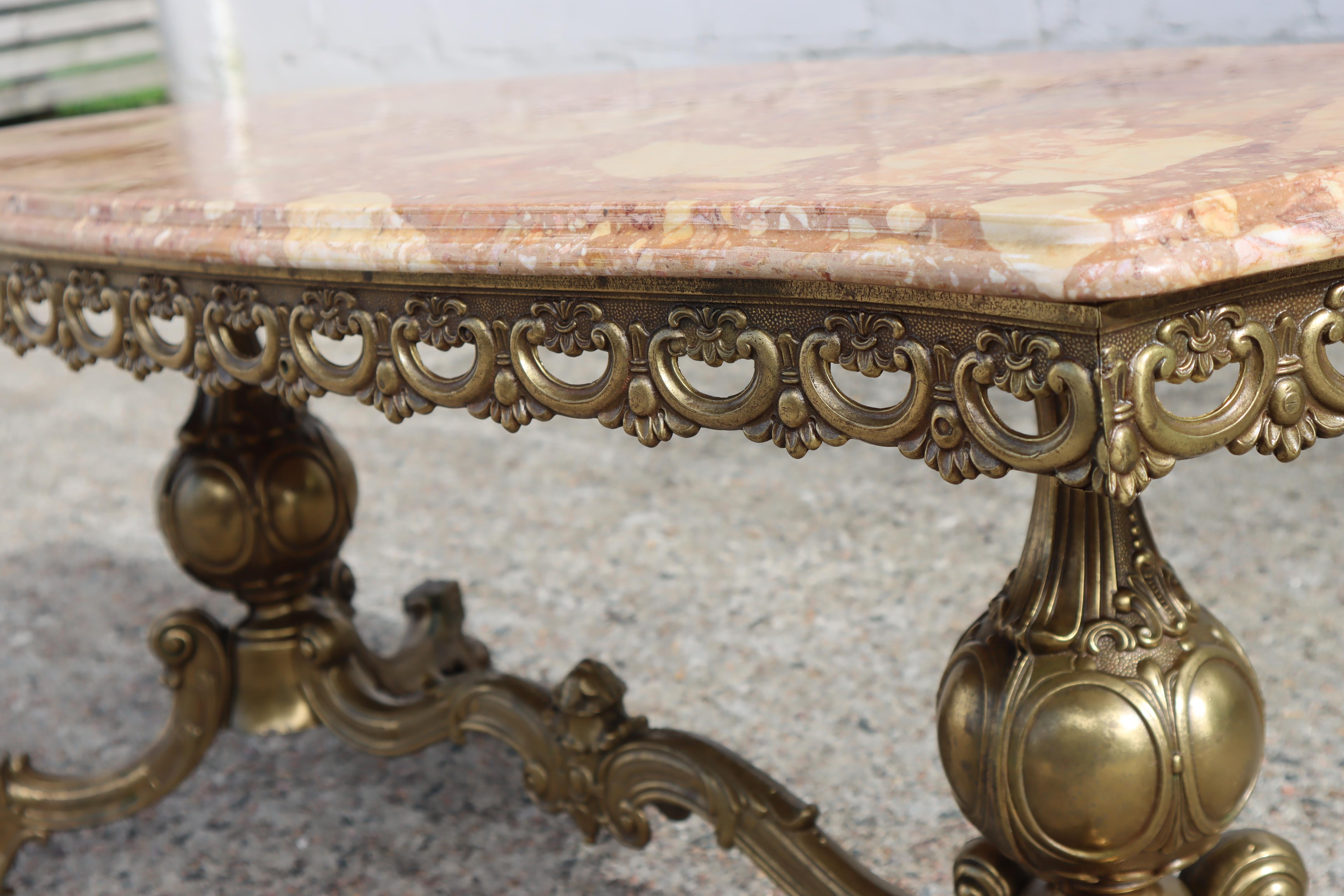 French Vintage Marble & Brass Coffee Table-Cocktail Table-Lounge Table-60s 1