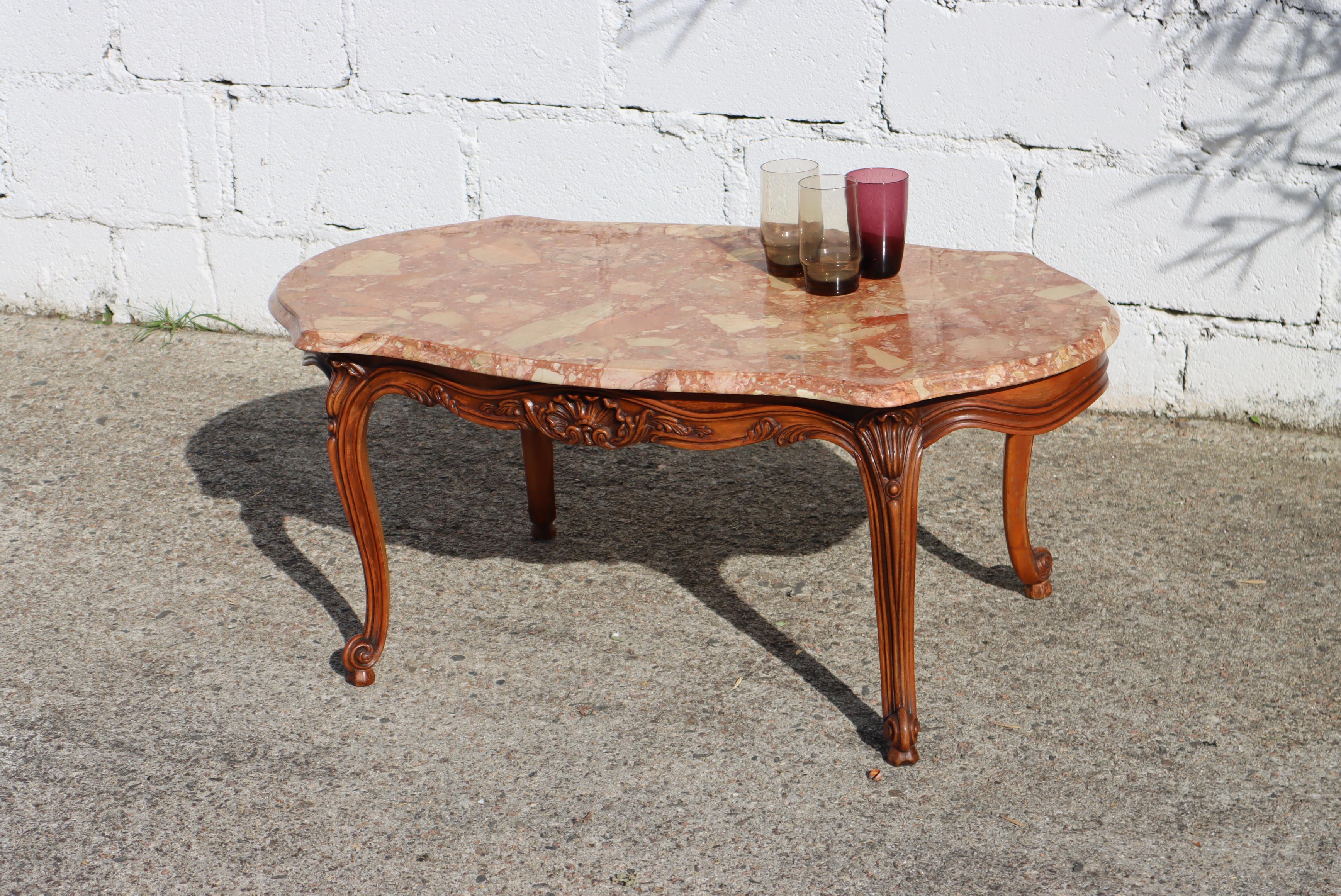 French Vintage Marble & Wood Coffee Table-Cocktail Table-Style Louis XV, 70s In Good Condition In Bussiere Dunoise, Nouvel Aquitaine