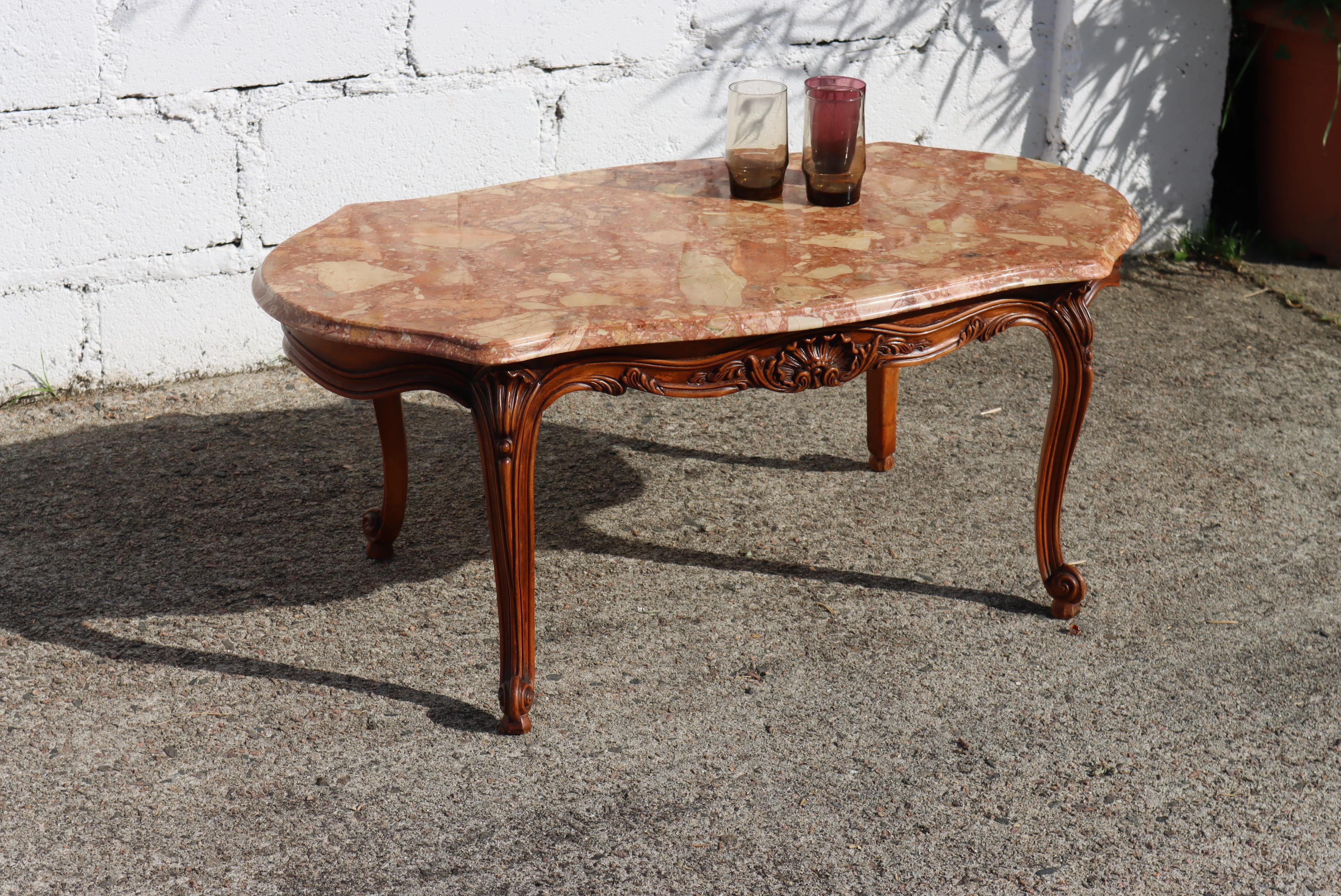 Late 20th Century French Vintage Marble & Wood Coffee Table-Cocktail Table-Style Louis XV, 70s