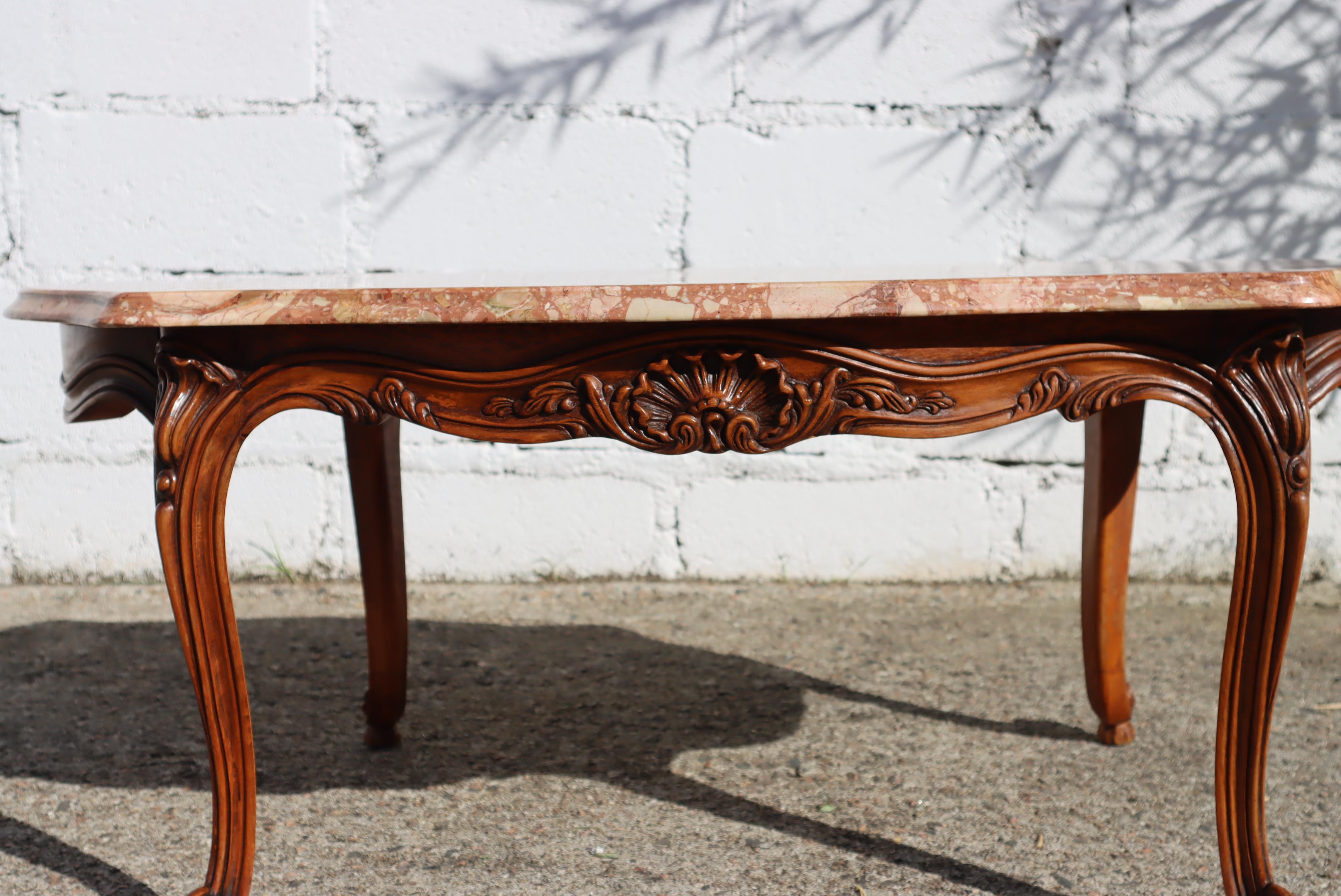 French Vintage Marble & Wood Coffee Table-Cocktail Table-Style Louis XV, 70s 1