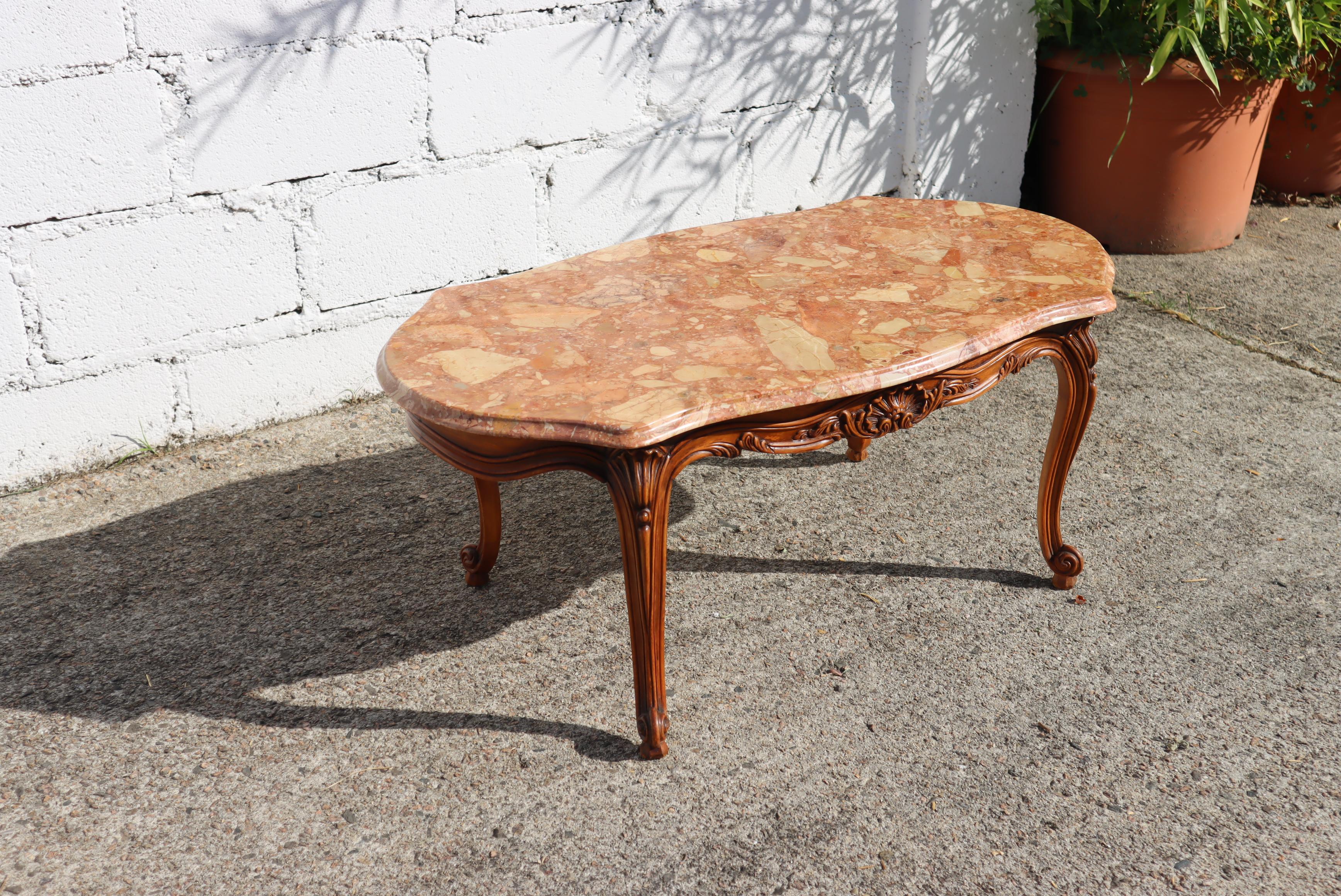 French Vintage Marble & Wood Coffee Table-Cocktail Table-Style Louis XV, 70s 2