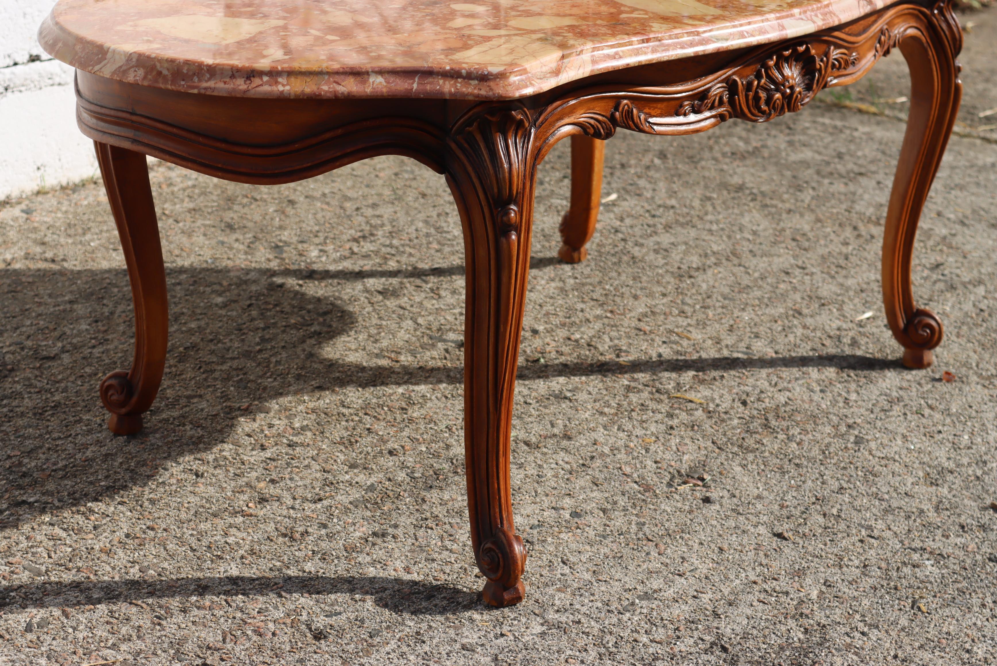French Vintage Marble & Wood Coffee Table-Cocktail Table-Style Louis XV, 70s 4