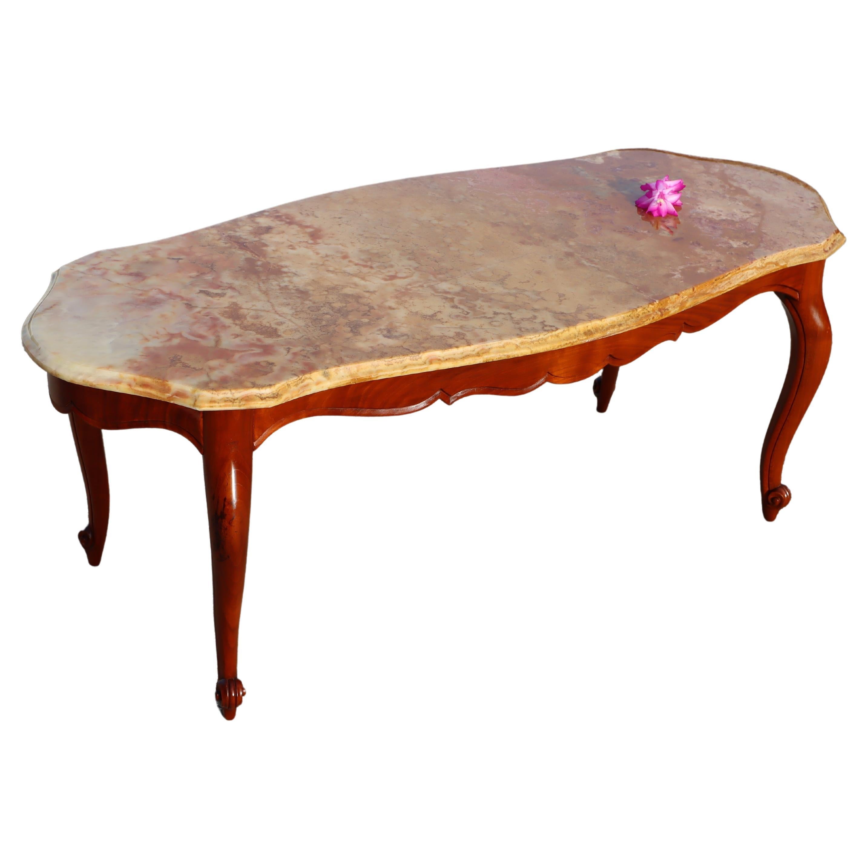 French Vintage Marble & Wood Coffee Table-Cocktail Table-Style Louis XV -70s