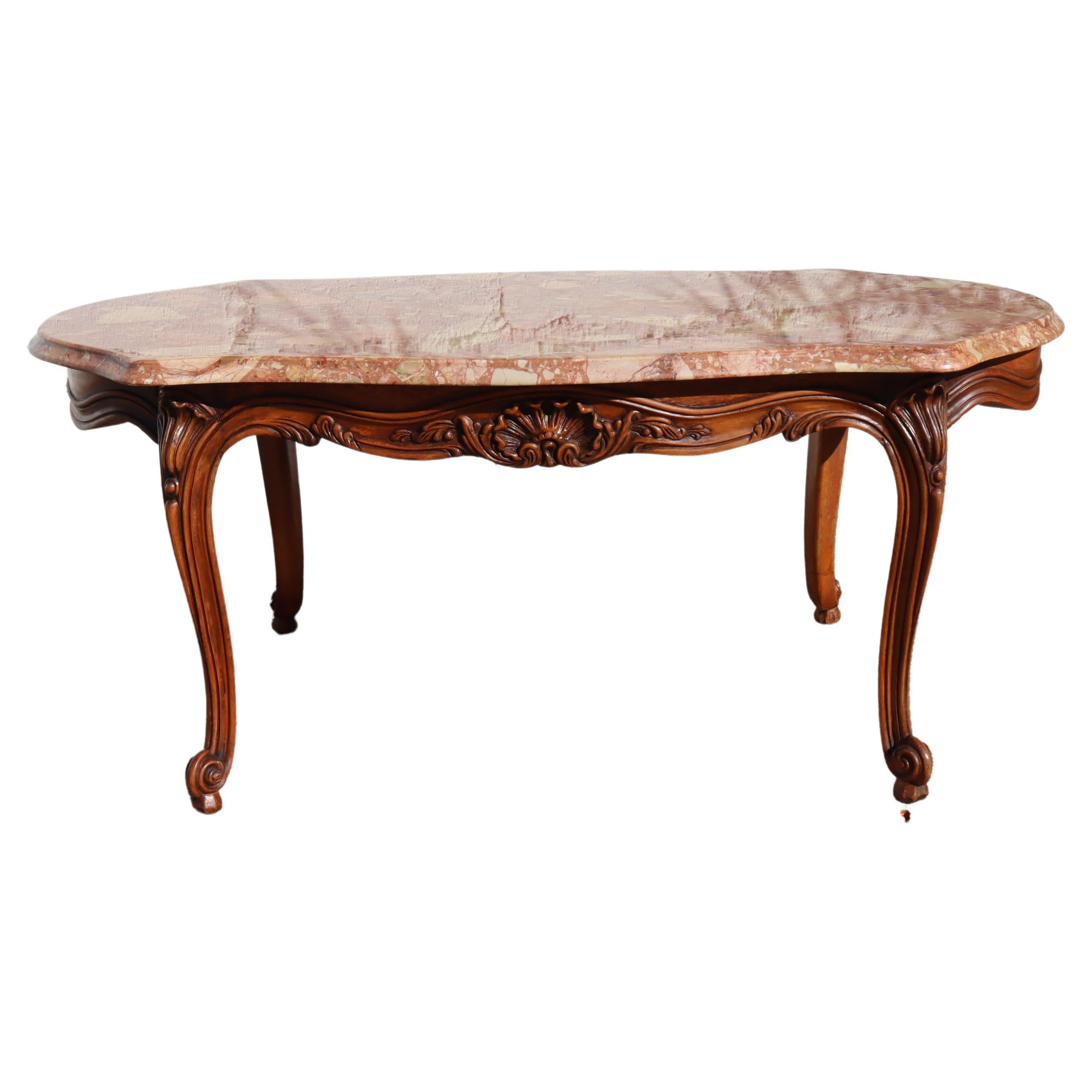 French Vintage Marble & Wood Coffee Table-Cocktail Table-Style Louis XV, 70s