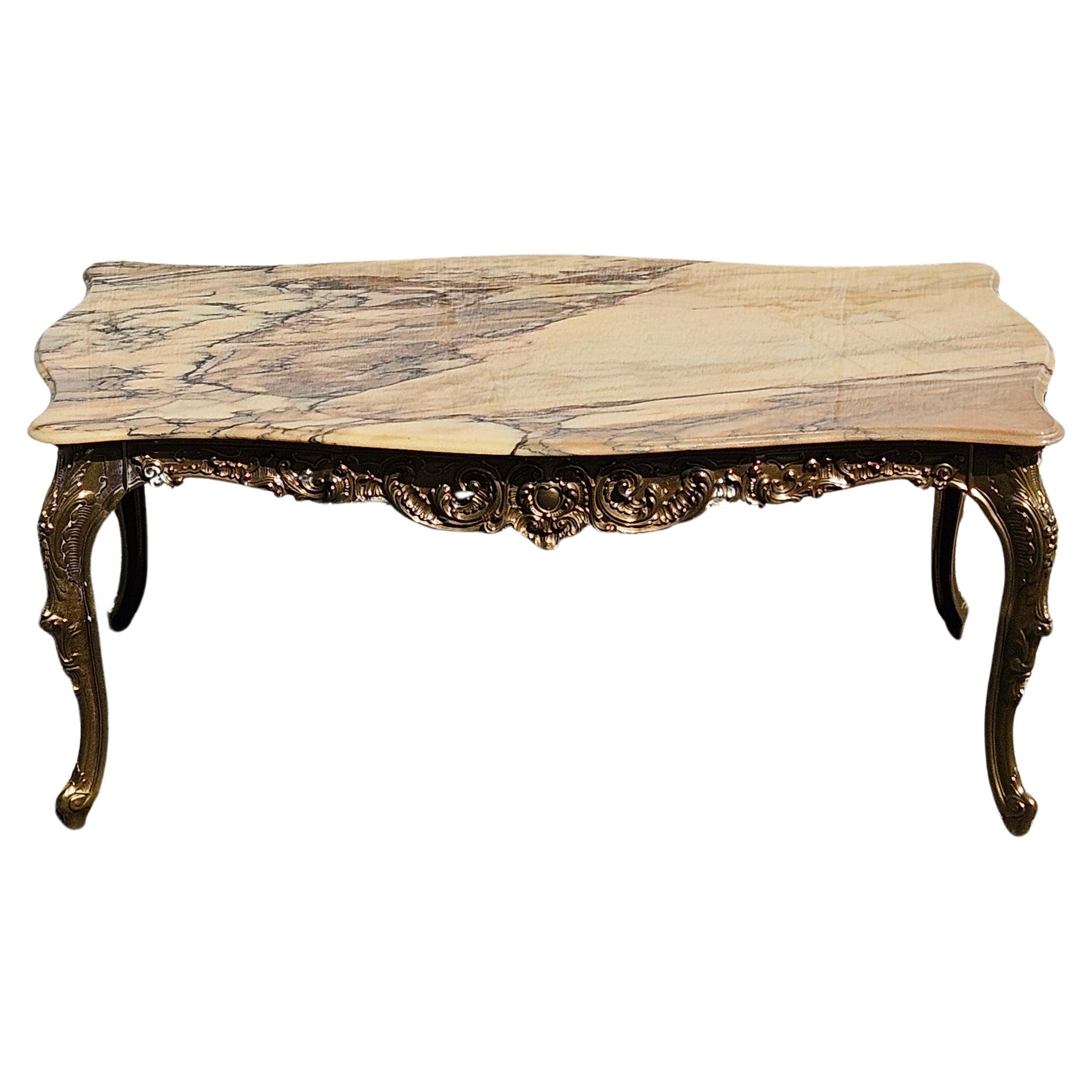 Exellent French Vintage Marble and Brass Coffee Table-Cocktail Table-Lounge Table-Style Louis XV from the 70s
Massive Marble Top with natural Patterns - a wonderful play of earth colors- Clouds of ecrue,grey, salmon,black and brown.
Solid Brass