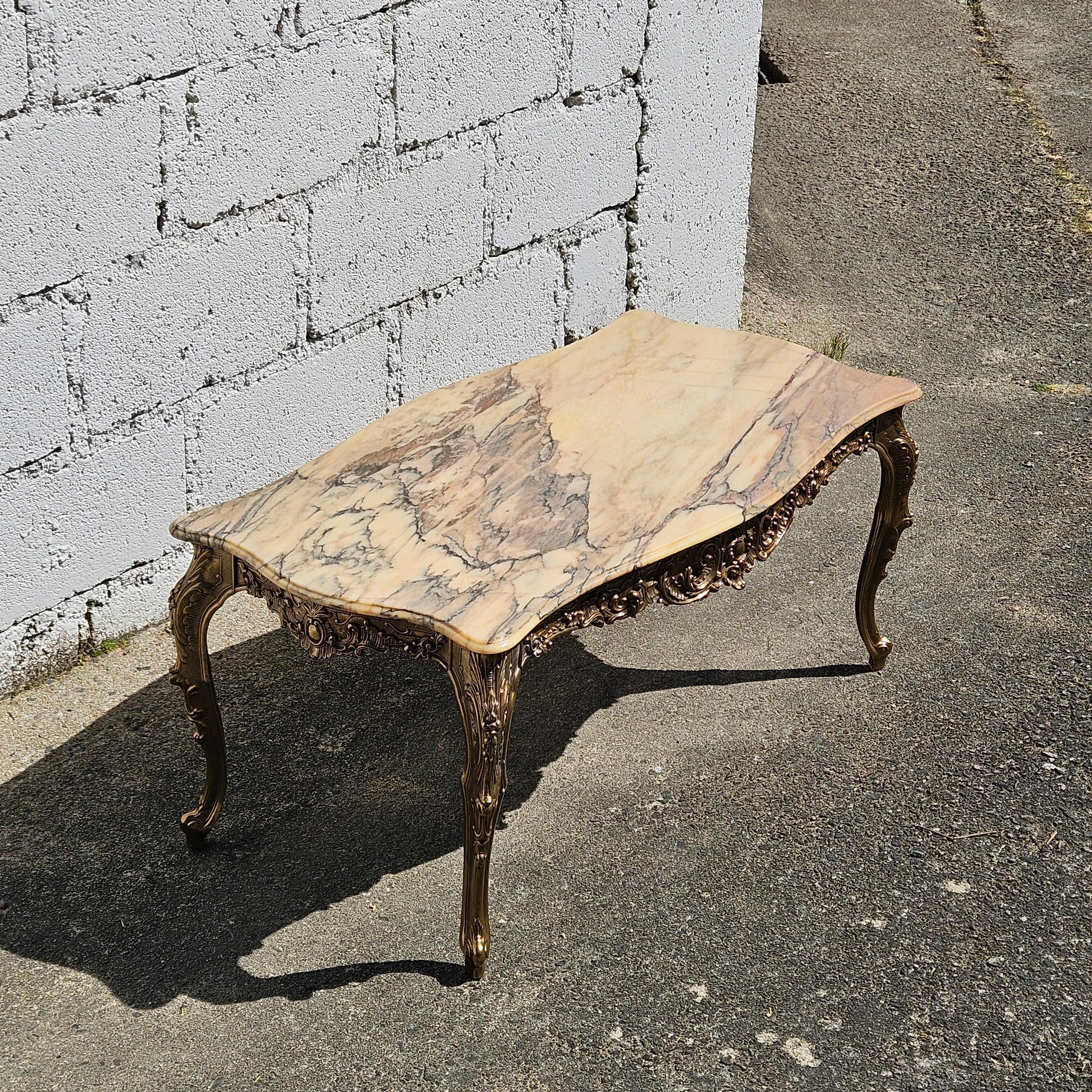 Cast French Vintage Marble&Brass Coffee Table-Lounge Table-Style Louis XV-70s