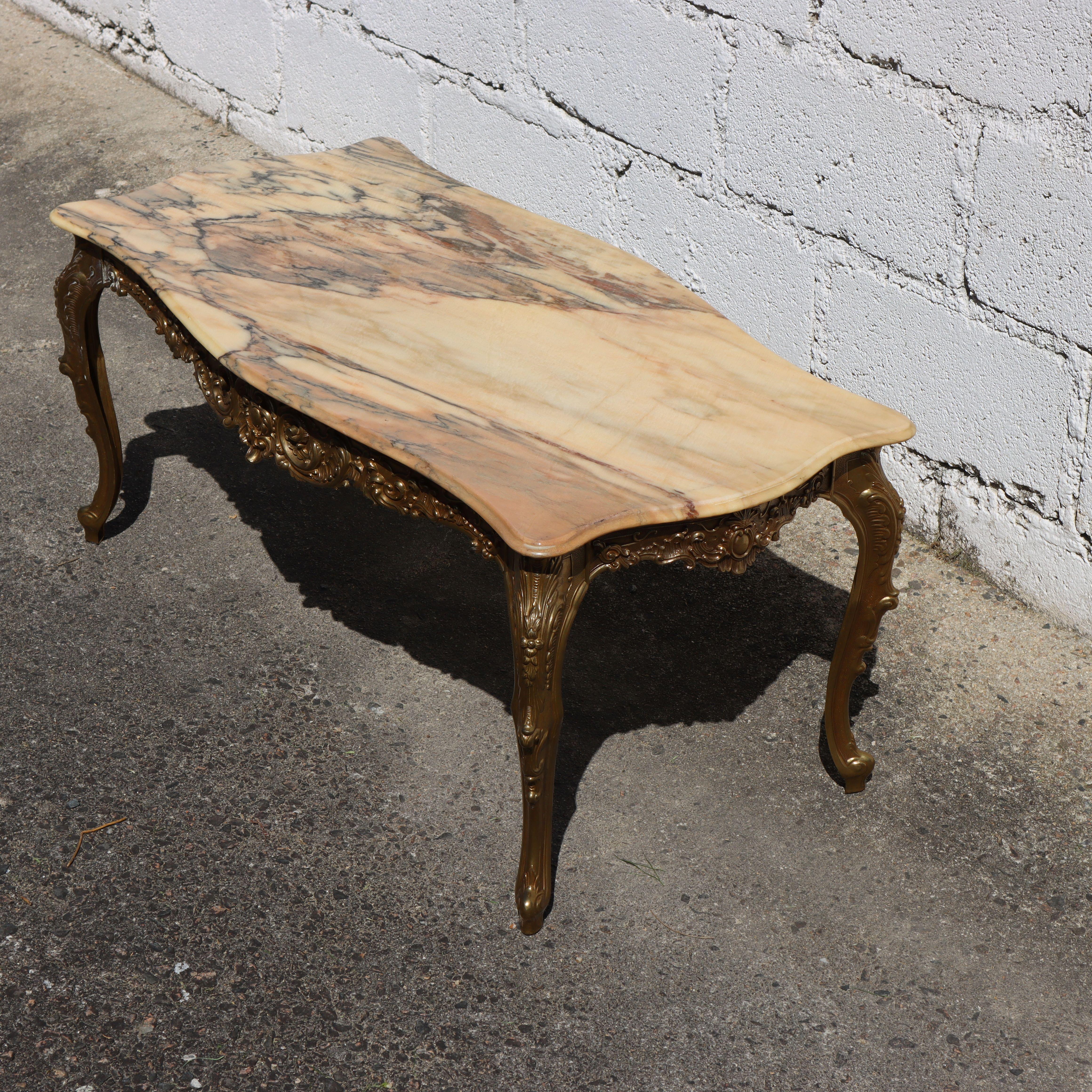 Metal French Vintage Marble&Brass Coffee Table-Lounge Table-Style Louis XV-70s
