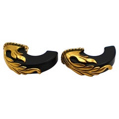 French Vintage Massive Black Resin Gold Tone Clip-On Earrings
