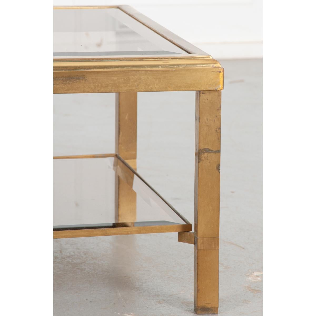 Glass French Vintage Mid Century Brass Cocktail Table For Sale