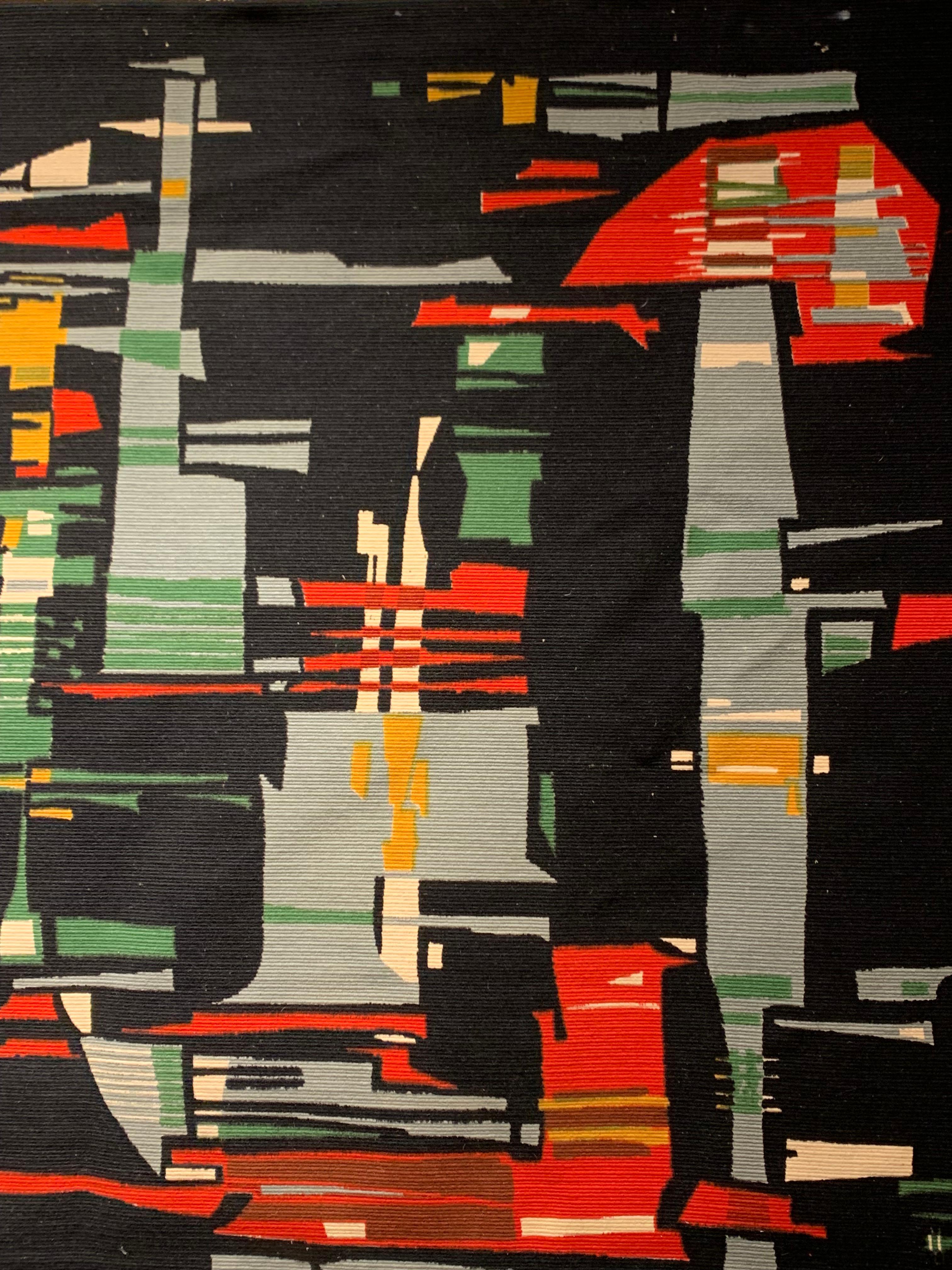 Abstract wool printed tapestry of Mid-century (20th) modern abstract french origin, signed at the bottom by Christian Royer.
It has a black background and holds a stunning work with the use of geometrical shapes representing design elements in