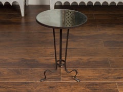 French Vintage Midcentury Iron Drink Table with Mirrored Top and Tripod Base