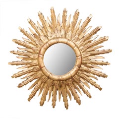 French Vintage Midcentury Two-Layered Giltwood Sunburst Mirror, circa 1950