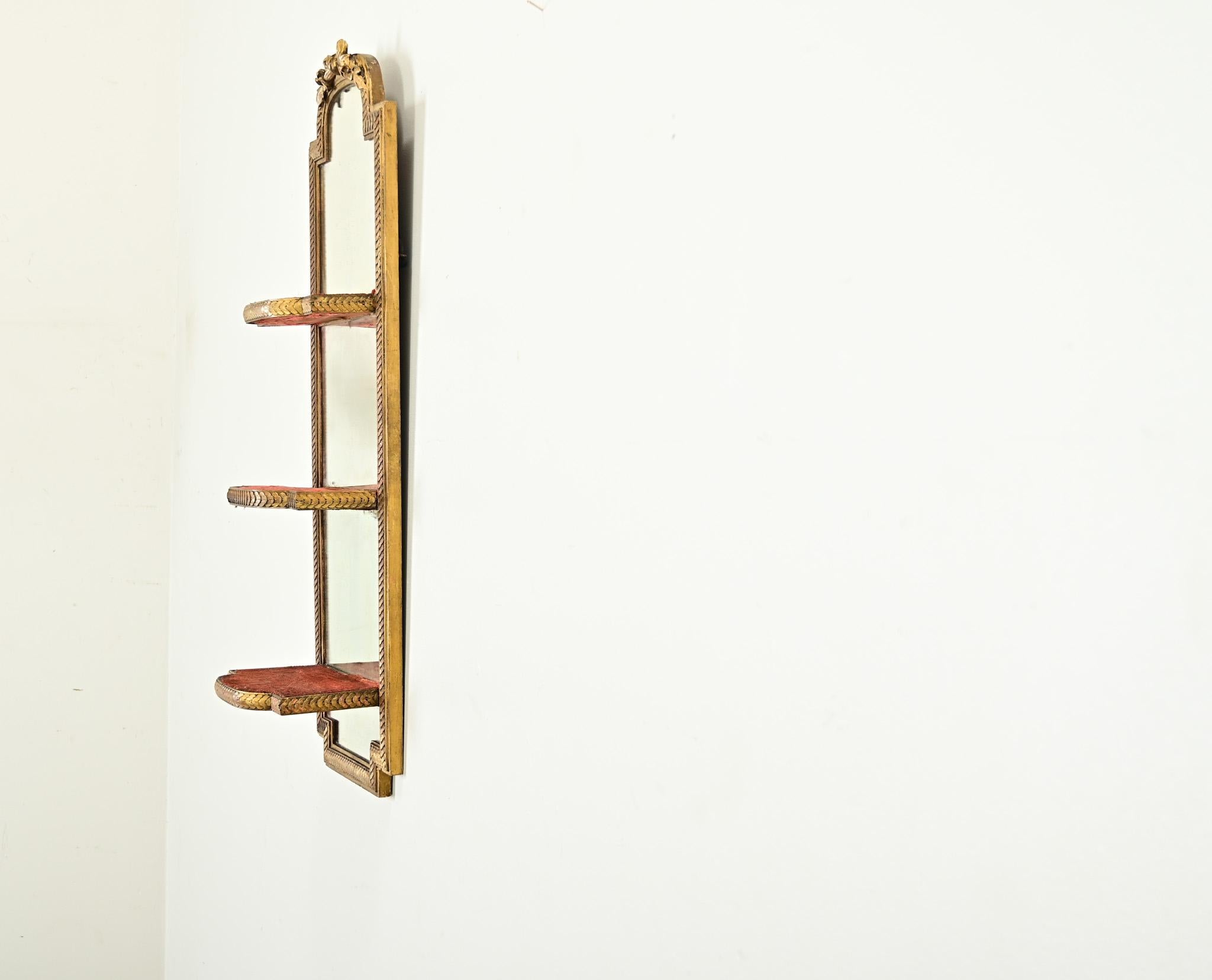 Velvet French Vintage Mirrored Hanging Wall Shelf For Sale