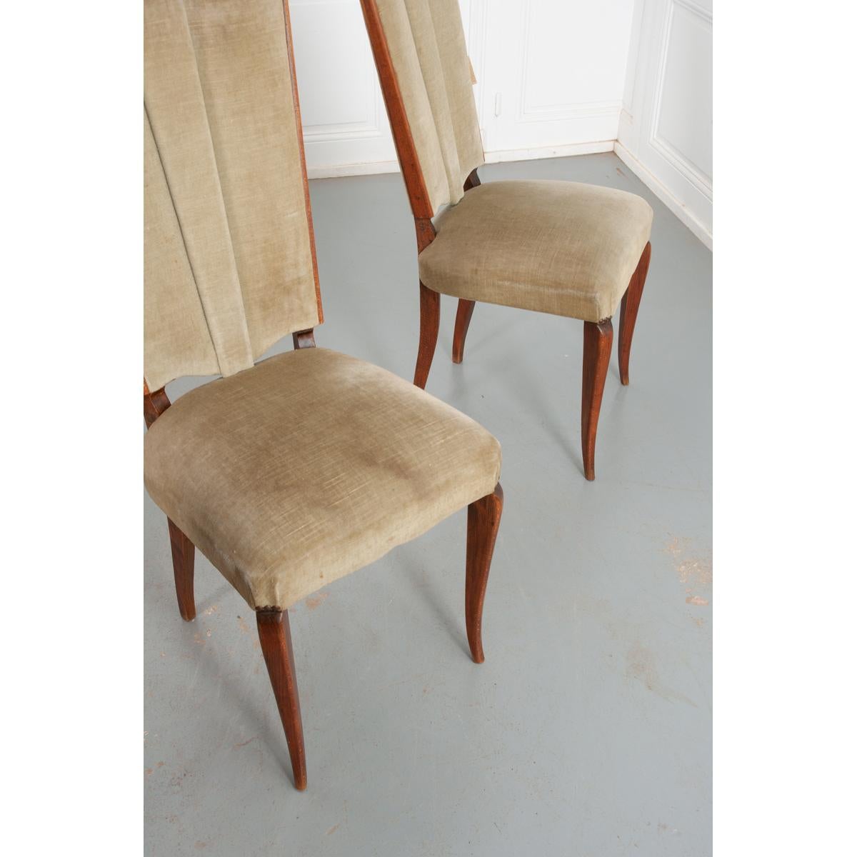 Art Deco French Vintage Oak & Velvet Dining Chairs