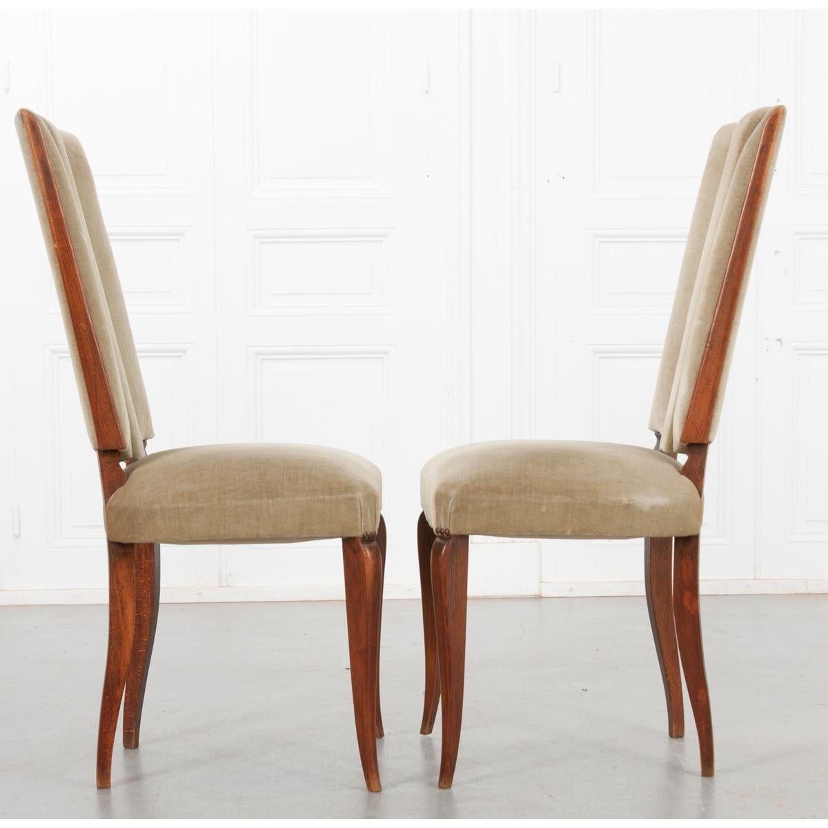 Carved French Vintage Oak & Velvet Dining Chairs