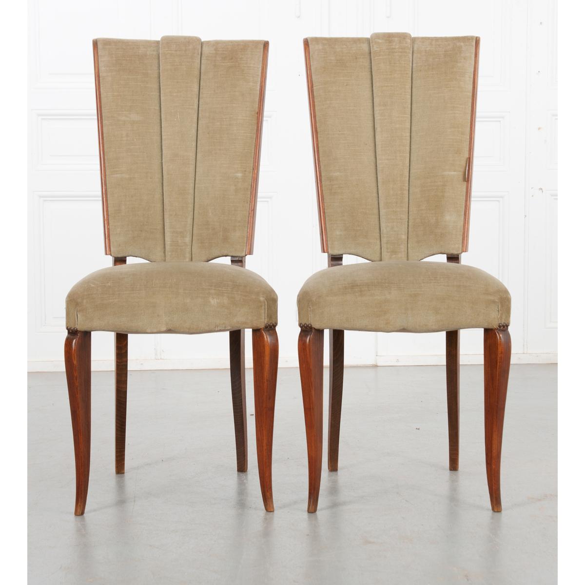 French Vintage Oak & Velvet Dining Chairs 1