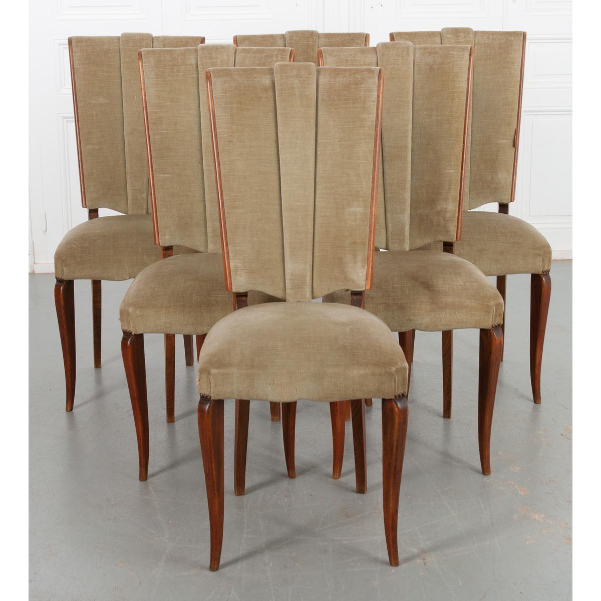 French Vintage Oak & Velvet Dining Chairs 2