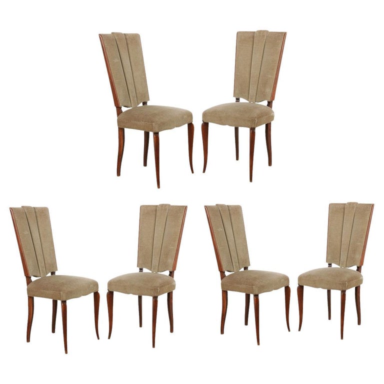 French Vintage Oak and Velvet Dining Chairs at 1stDibs