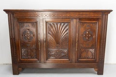 French Vintage Oak & Wrought Iron Buffet Neogothic Style Basque Cross Midcentury