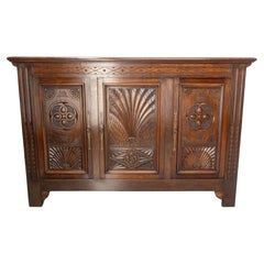 French Vintage Oak & Wrought Iron Buffet Neogothic Style Basque Cross Midcentury