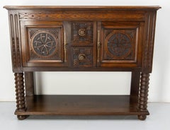 French Vintage Oak & Wrought Iron Buffet Neogothic Style Midcentury