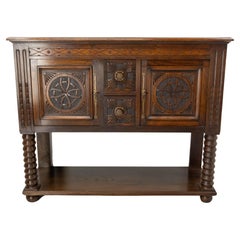 French Vintage Oak & Wrought Iron Buffet Neogothic Style Midcentury