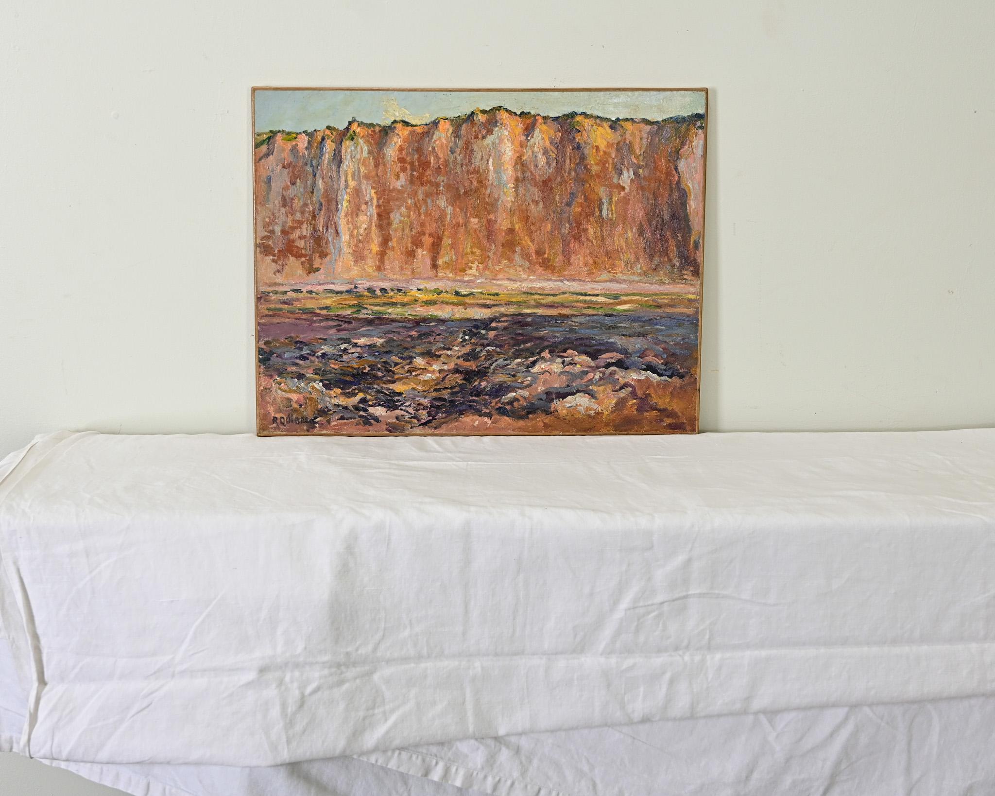 Modern French Vintage Oil on Canvas Cliff Scene
