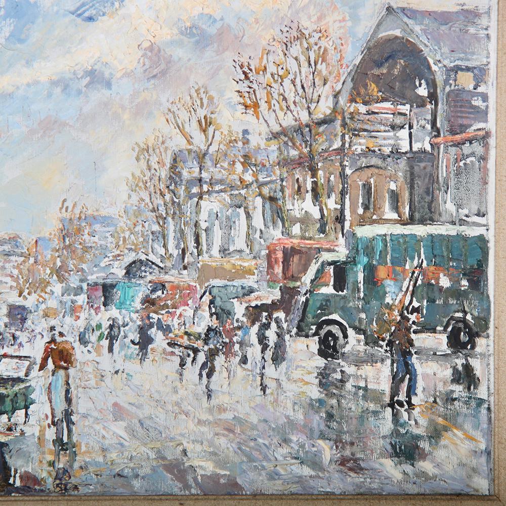 A French impressionist oil on canvas by Fernand Laval of a lively Parisian street scene, signed and dated 1950.

Fernand Laval lived from 1886 – 1966, arriving in Paris in 1912 and marrying the next year.



