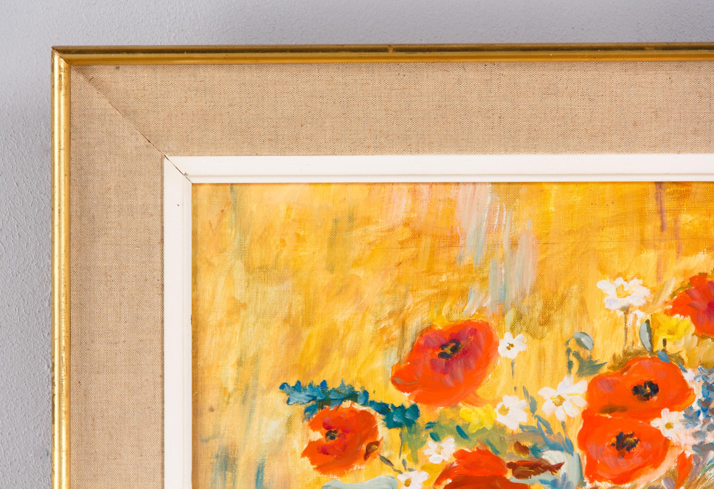 French Vintage Oil on Canvass of Poppies in a Vase, 20th Century In Good Condition In Austin, TX