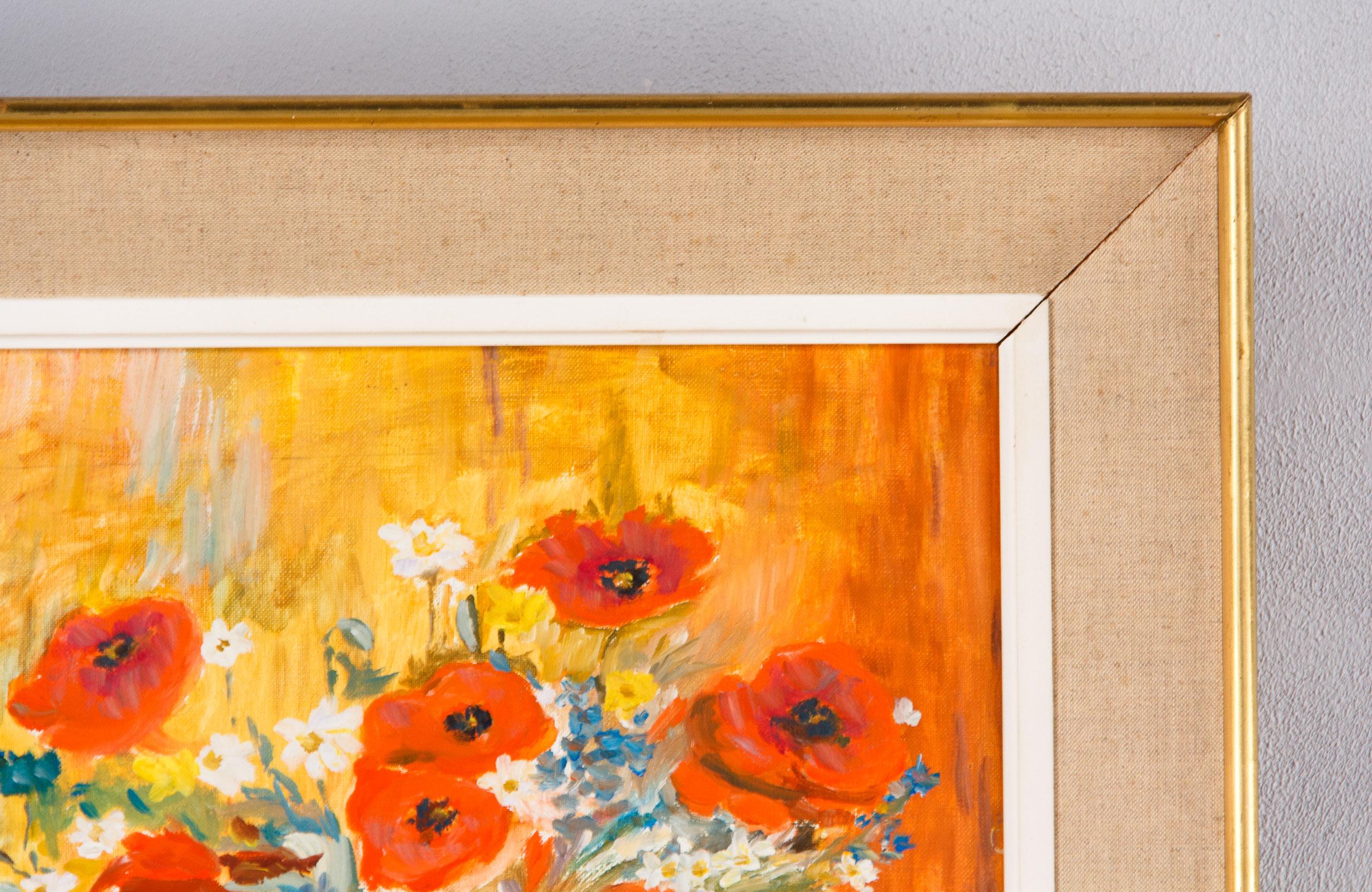 French Vintage Oil on Canvass of Poppies in a Vase, 20th Century 1