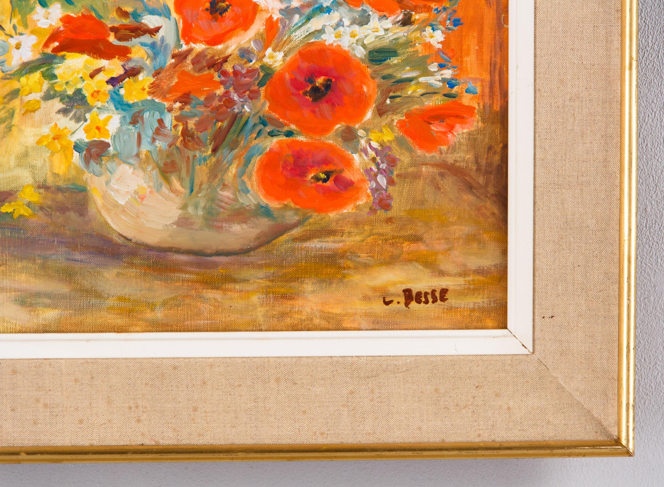 French Vintage Oil on Canvass of Poppies in a Vase, 20th Century 2