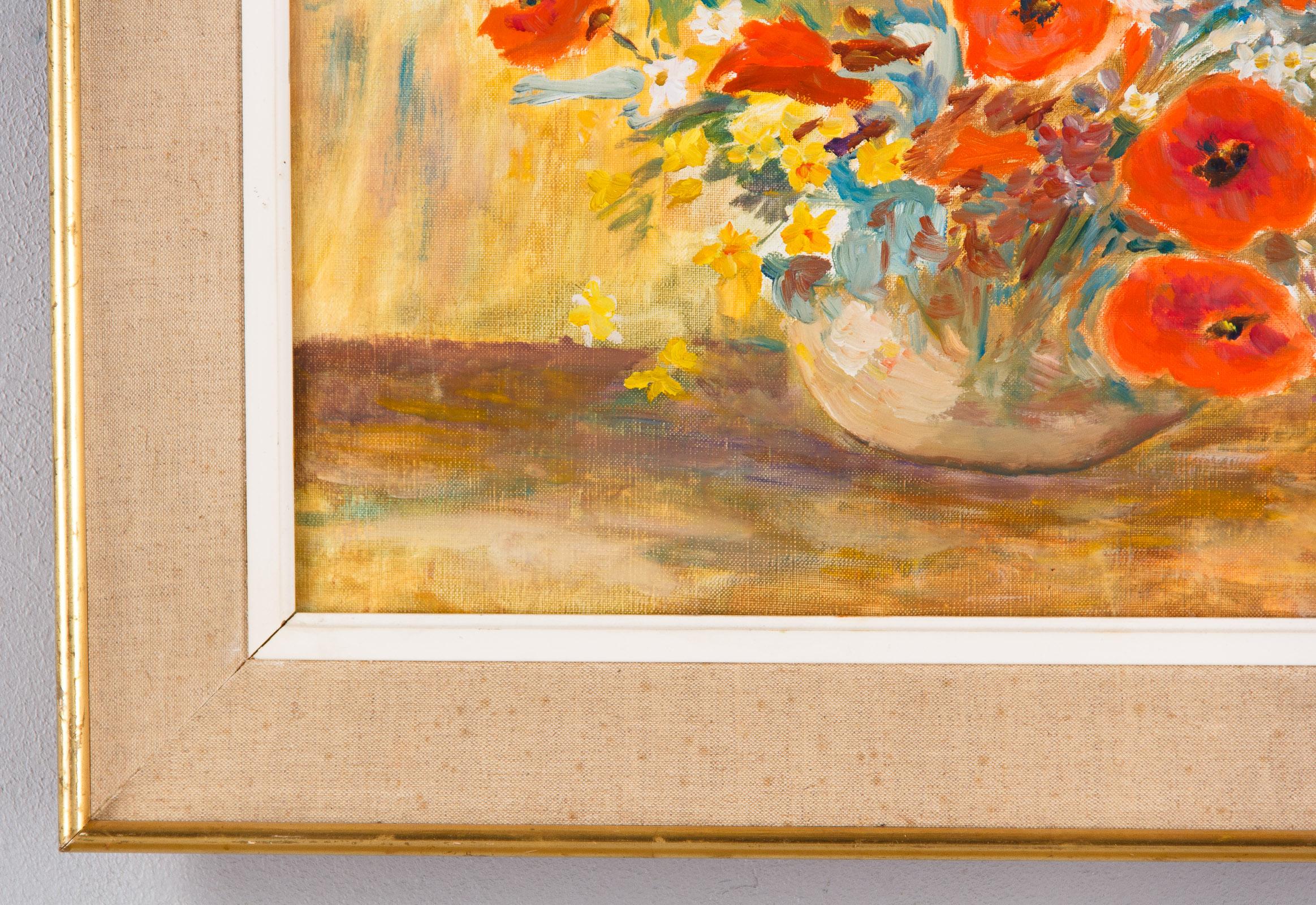 French Vintage Oil on Canvass of Poppies in a Vase, 20th Century 3