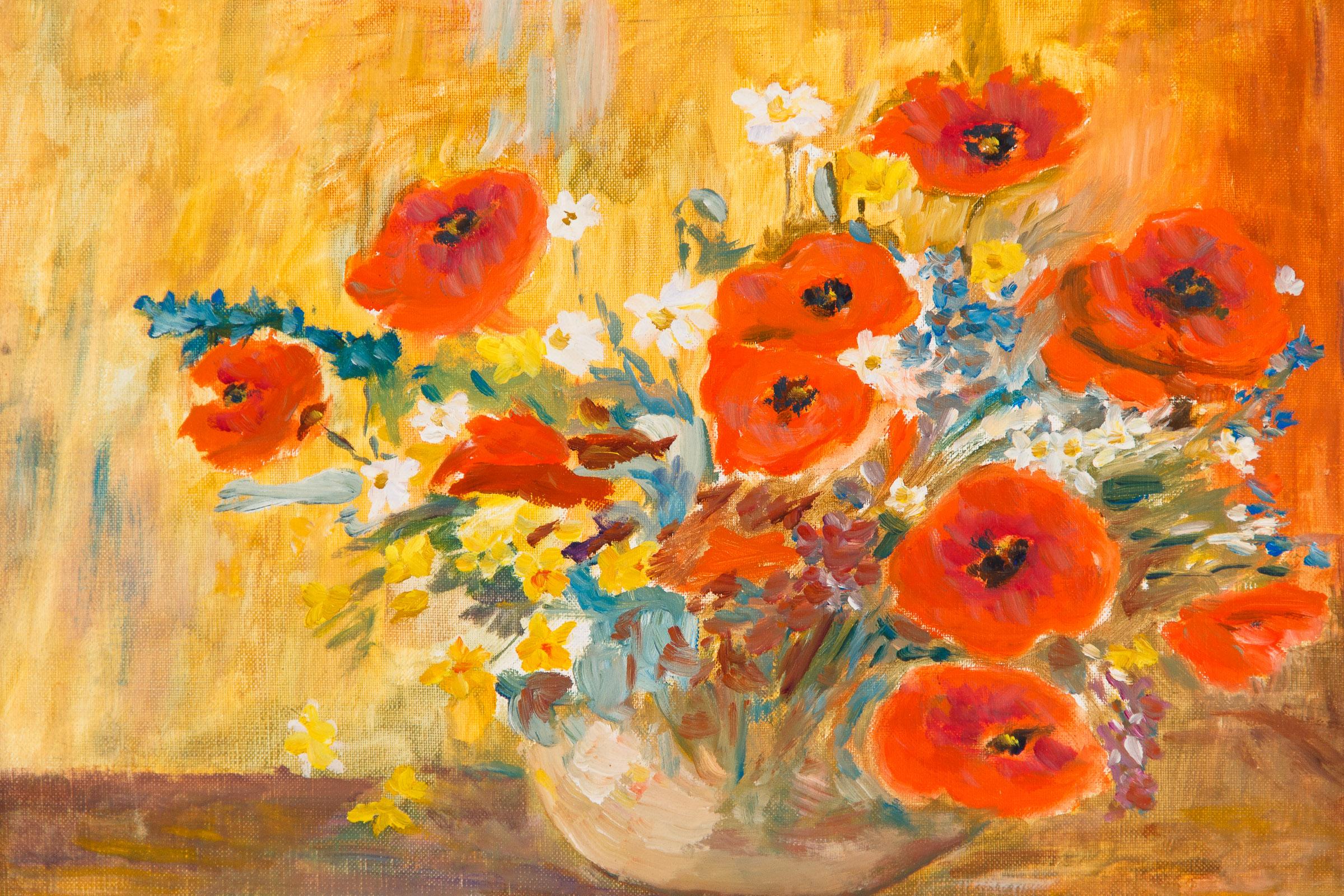 French Vintage Oil on Canvass of Poppies in a Vase, 20th Century 4