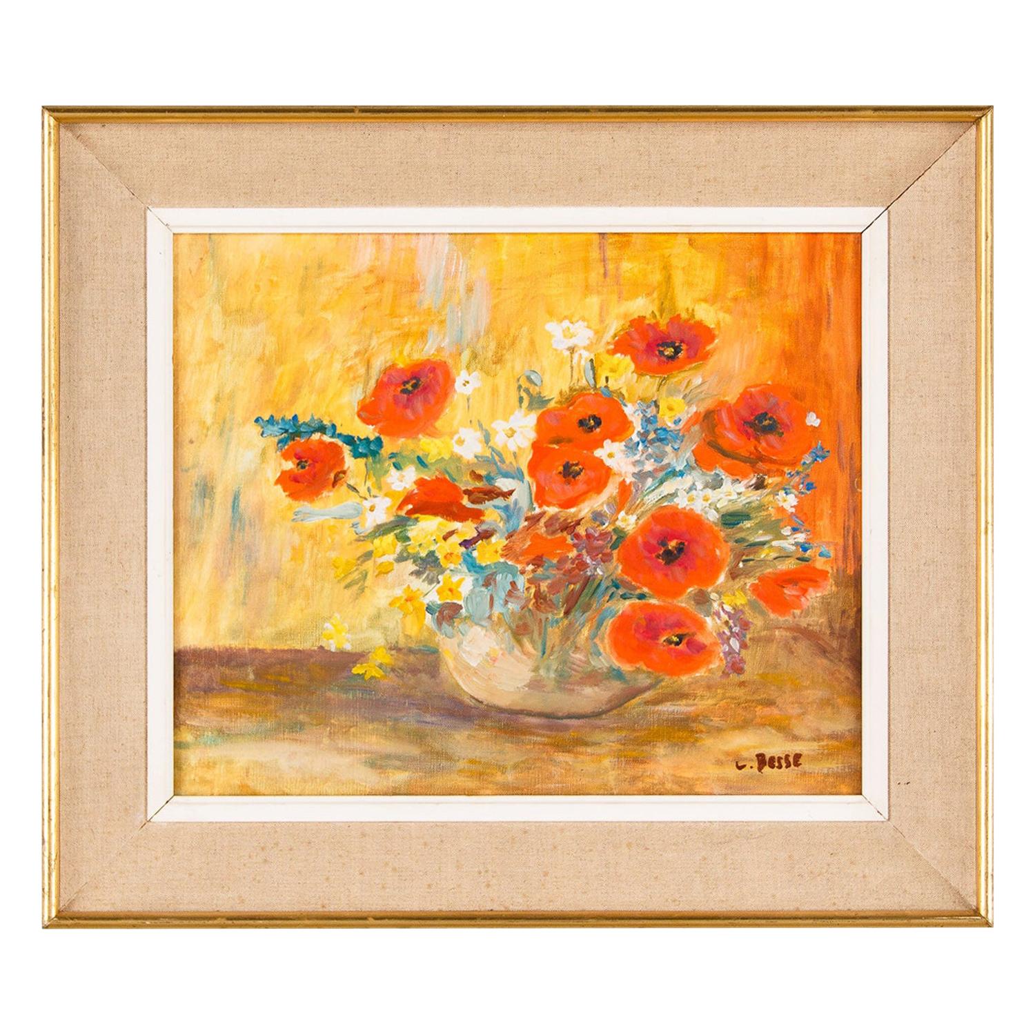 French Vintage Oil on Canvass of Poppies in a Vase, 20th Century