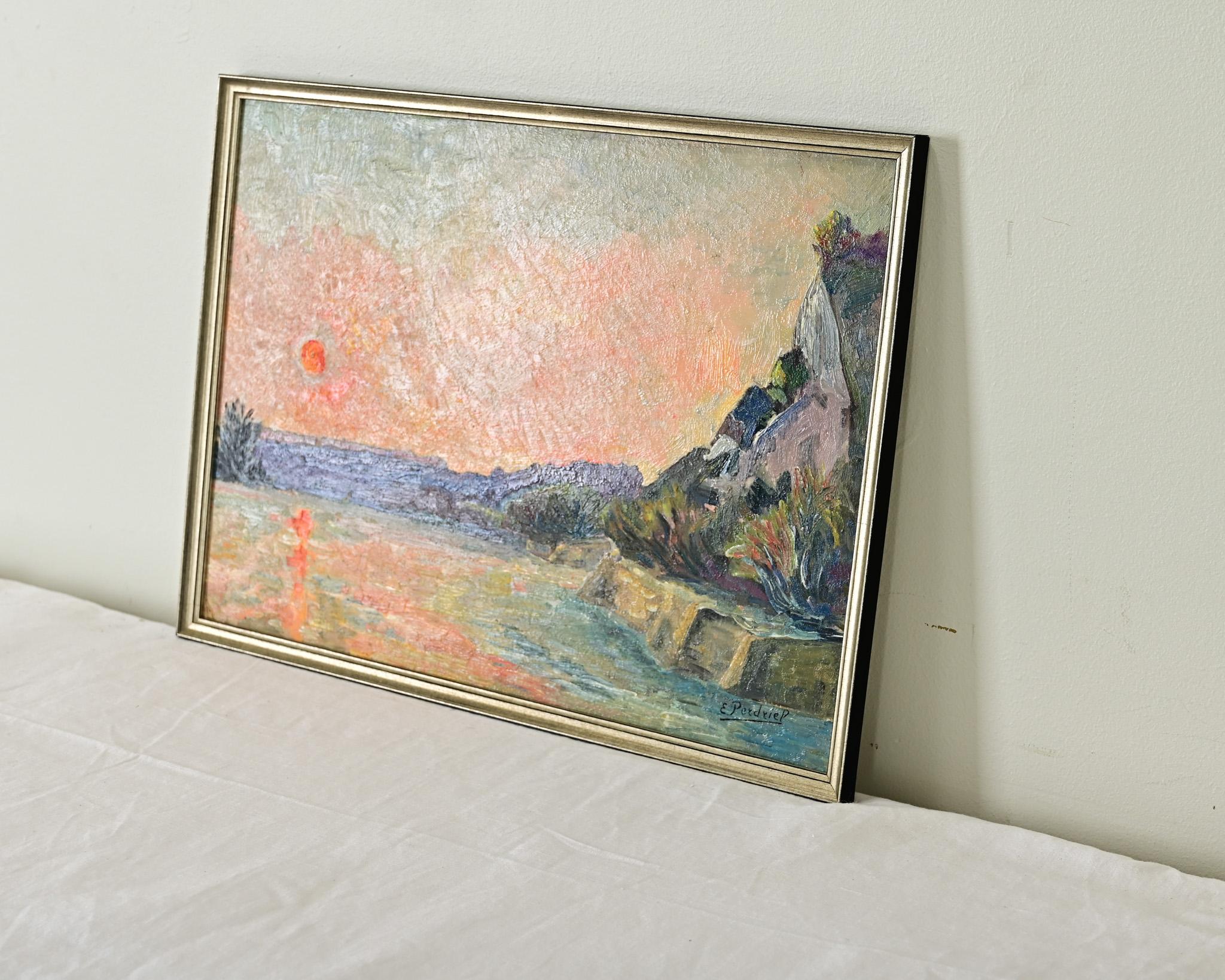 Painted French Vintage Oil on Panel Coastal Landscape For Sale