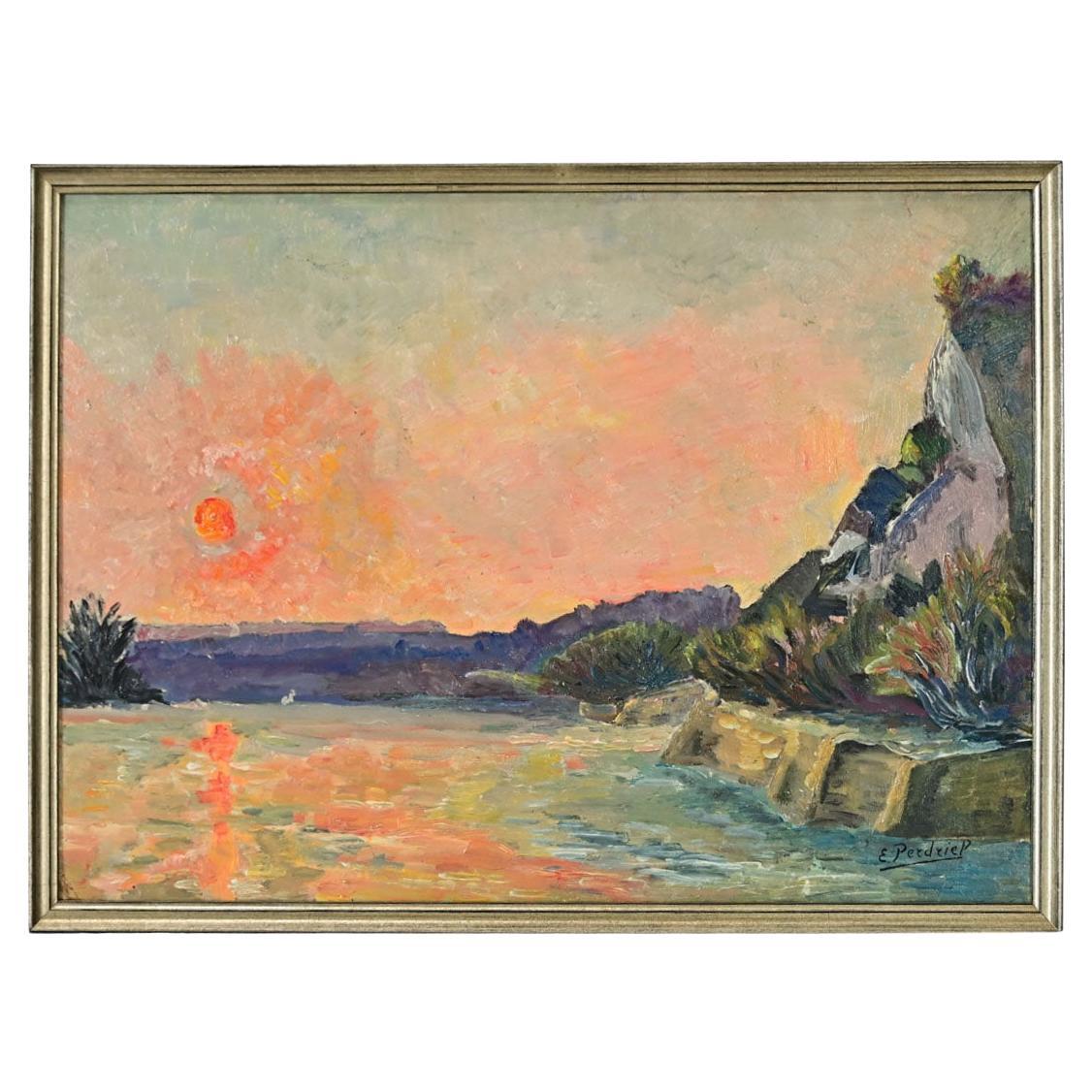 Óleo Vintage Francés sobre Panel Paisaje Costero
