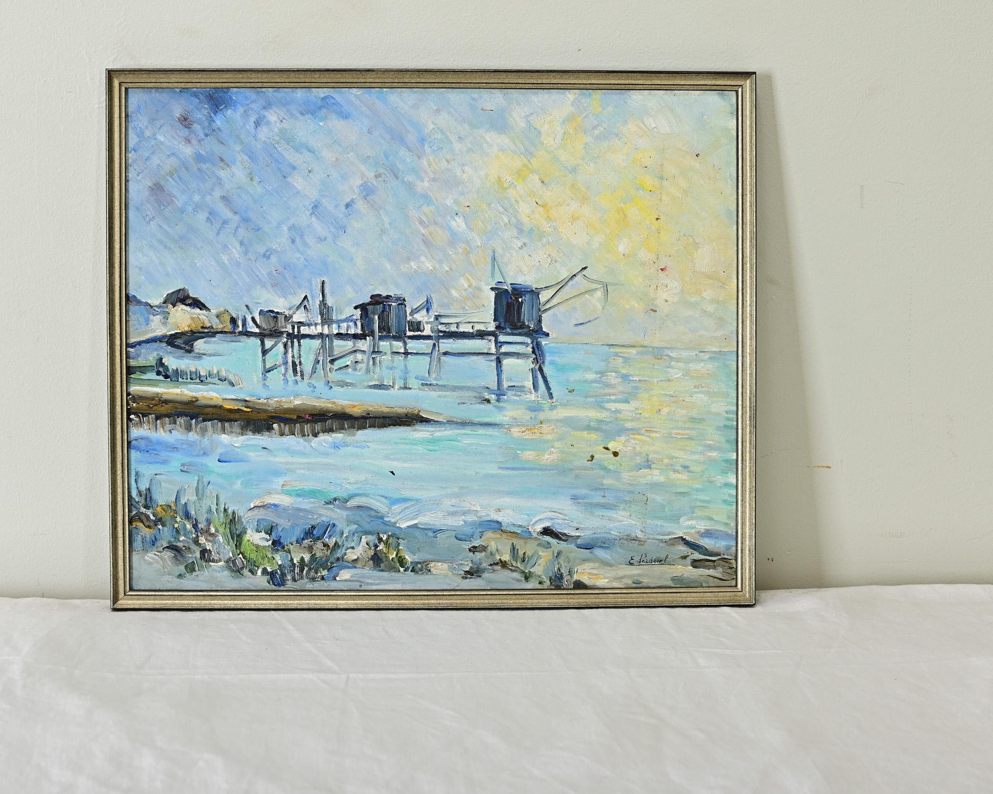 Modern French Vintage Oil on Panel Coastal Scene For Sale