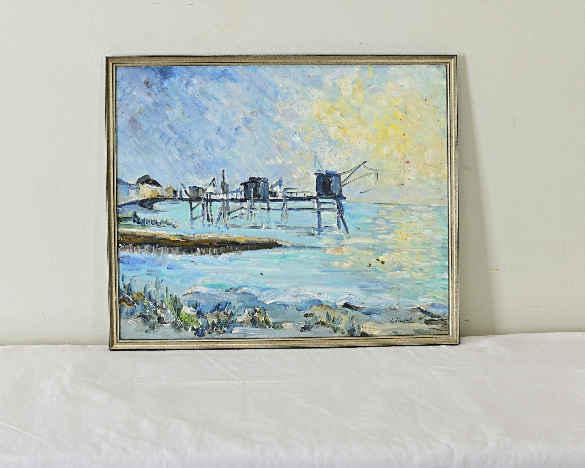 Oiled French Vintage Oil on Panel Coastal Scene For Sale