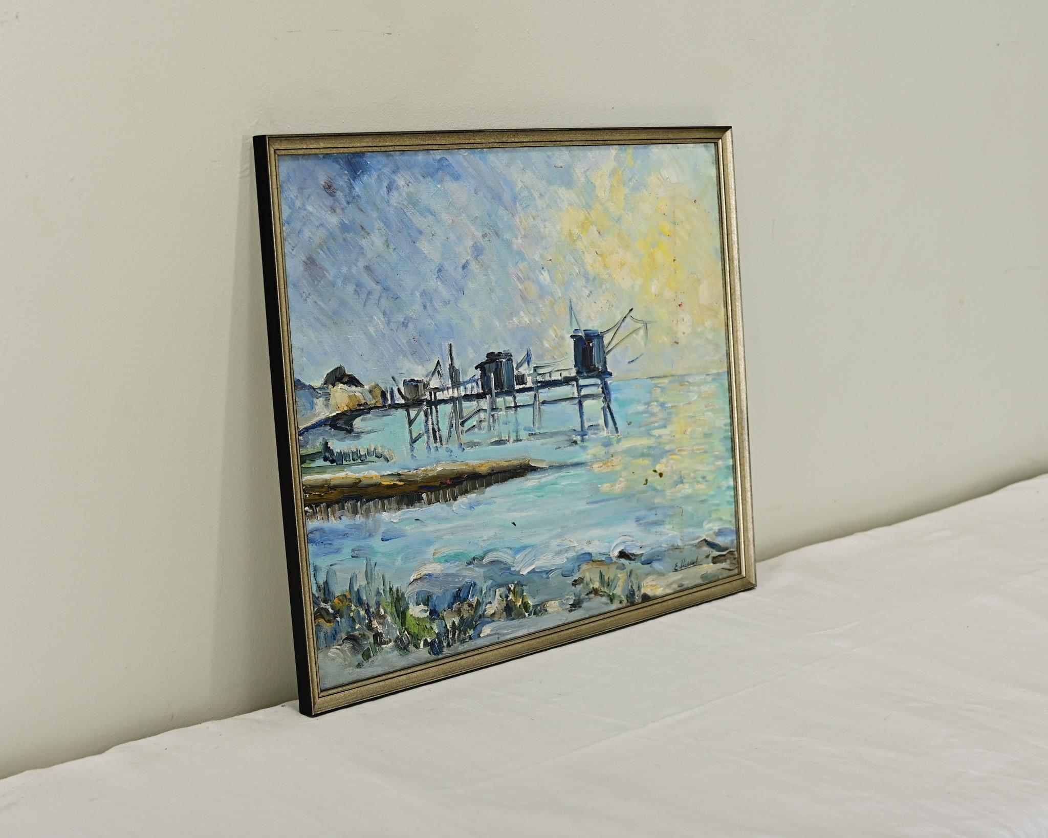 French Vintage Oil on Panel Coastal Scene In Good Condition For Sale In Baton Rouge, LA