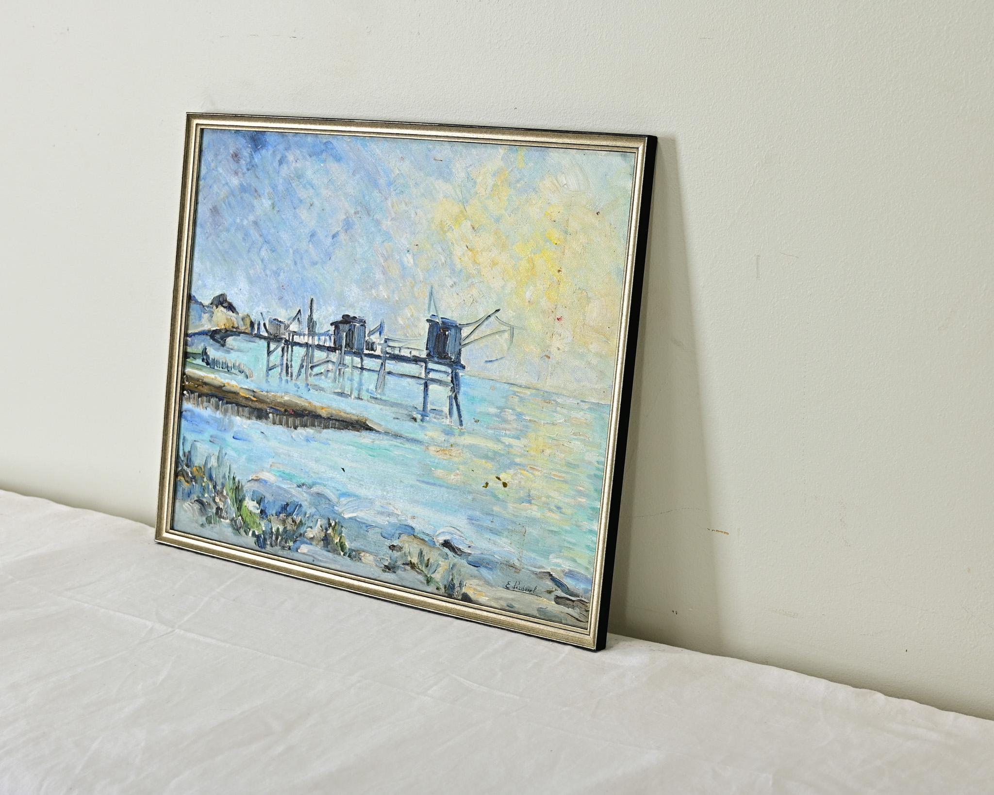 20th Century French Vintage Oil on Panel Coastal Scene For Sale