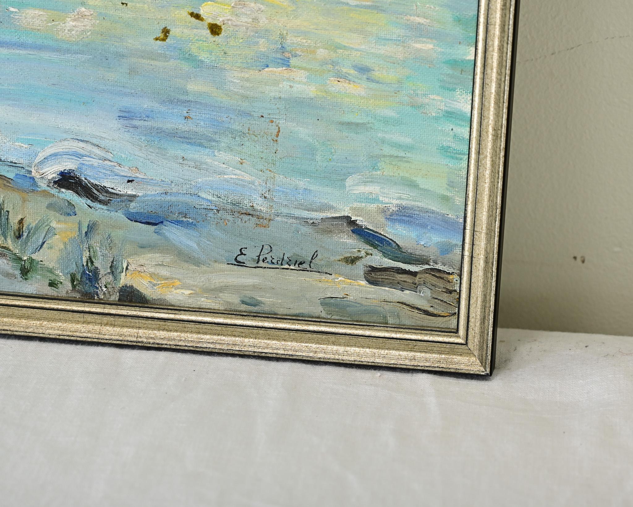 Wood French Vintage Oil on Panel Coastal Scene For Sale