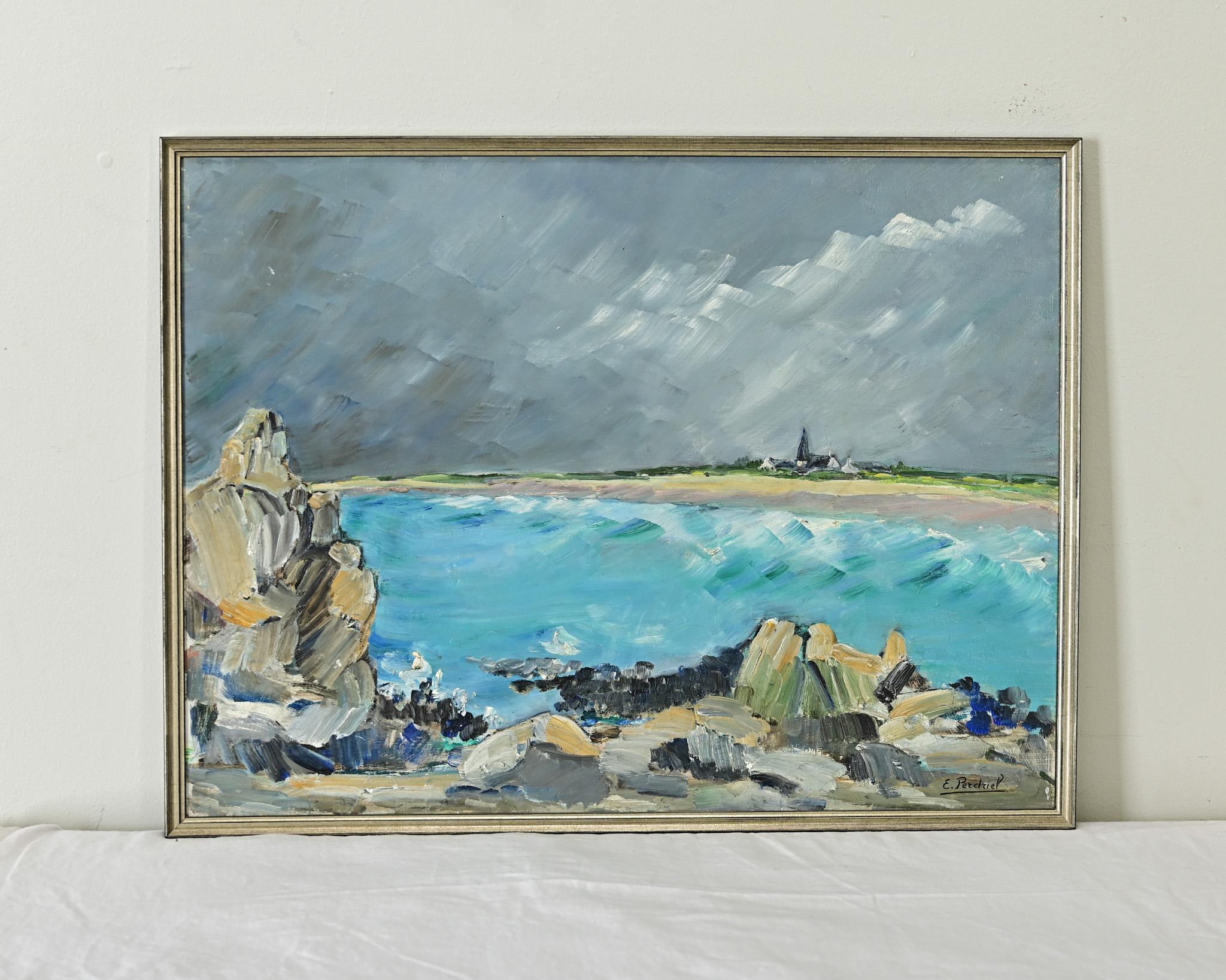 French vintage oil on panel seascape, signed E. Perdriel. The work depicts jagged rock formations in the foreground overlooking a beach being hit with waves during a storm, painted in an abstracted technique that captures the emotional experience of